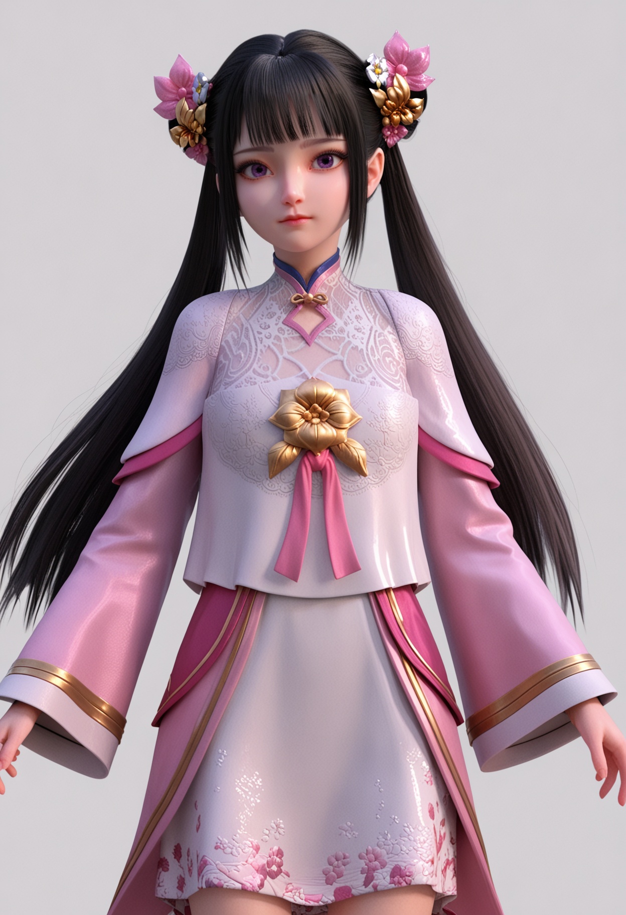 score_9,high detail,best quality,shiny skin,shiny,xiyan,1girl,solo,purple eyes,black hair,long hair,twintails,chinese clothes,hair ornament,white background,dress,flower,realistic,double bun,long sleeves,simple background,closed mouth,blunt bangs,sidelocks,pink dress,looking at viewer,thighs,<lora:QQSponyxiyanV1:0.8>,<lora:Pony_DetailV2.0:0.8>,<lora:皮肤凹痕:0.1>,