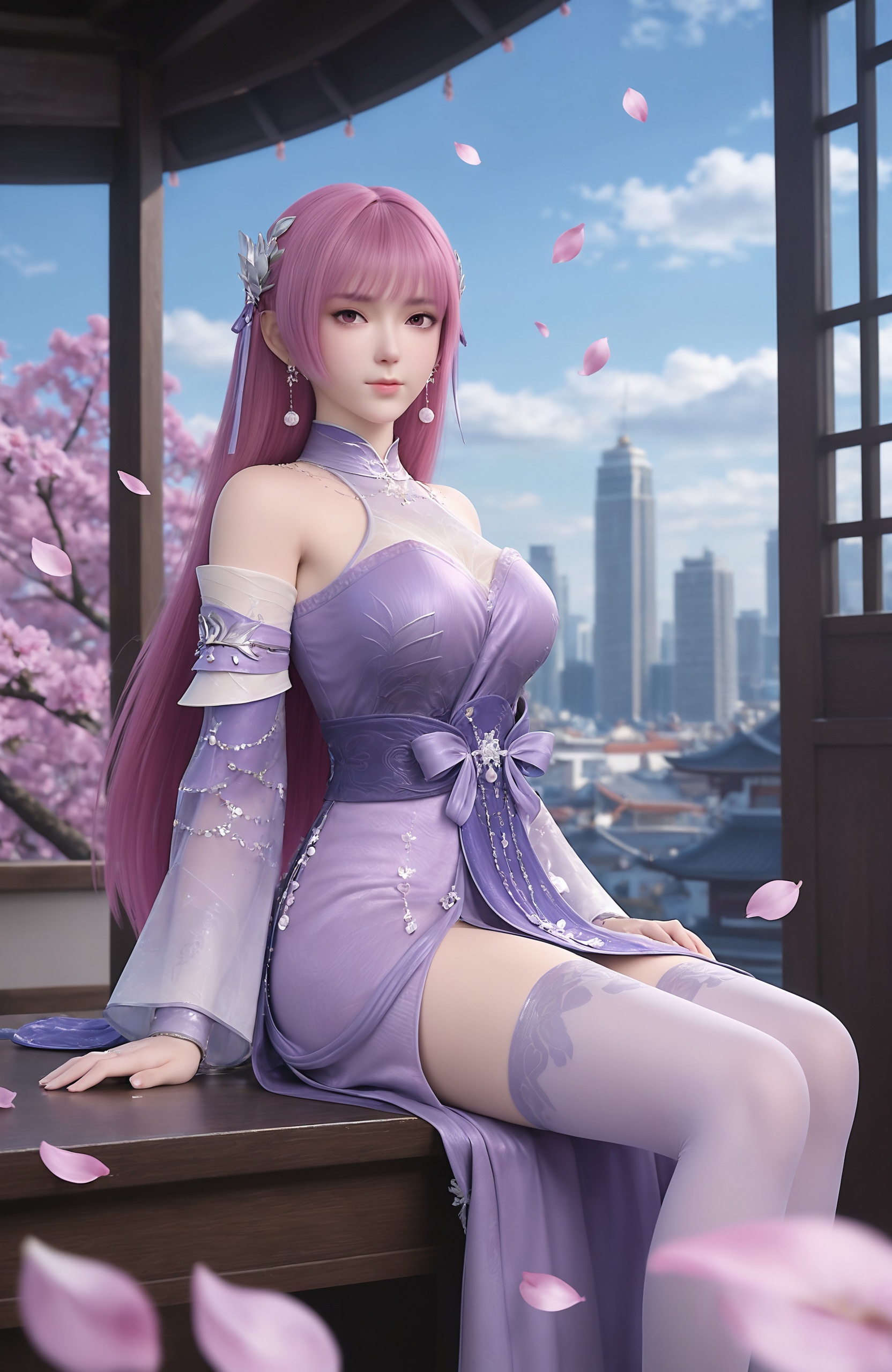 masterpiece,best quality,amazing quality,very aesthetic,high resolution,ultra-detailed,absurdres,scenery,photorealistic,looking at viewer,moody lighting,realistic,photorealistic details,falling petals,cherry blossoms, <lora:妖神记-叶紫芸Pony-v2:0.7> 1girl, long hair, pink eyes, pink hair, jewelry, earrings, purple dress,chinese clothes, detached sleeves, thighhighs,, 1girl,solo,sitting,window,frills,sky,cloud,indoors,cityscape,closed_mouth,sun,looking at viewer,
