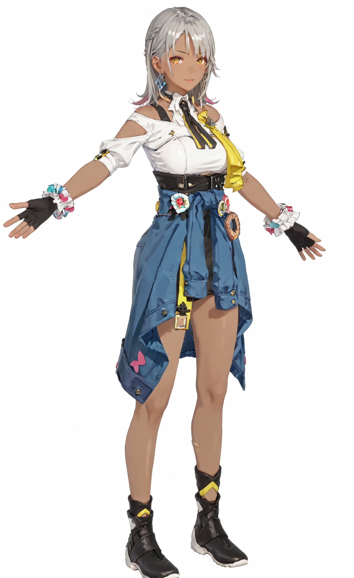 ASCII score_9, score_8_up, score_7_up, 8k, best quality, masterpiece, (ultra-detailed), (high detailed skin), (white background:1.6), (full body:1.2), (white background), standing, looking at viewer, (solo:1.2), hands on hips, <lora:Carol-pony-Tanger-000014:0.8>, Carol, def clothes, 1girl, gloves, fingerless gloves, dark-skinned female, dark skin, black gloves, clothes around waist, yellow eyes, black footwear, grey hair, (beautiful_face), ((intricate_detail)), clear face, ((finely_detailed)), fine_fabric_emphasis, ((glossy)), full_shot, 