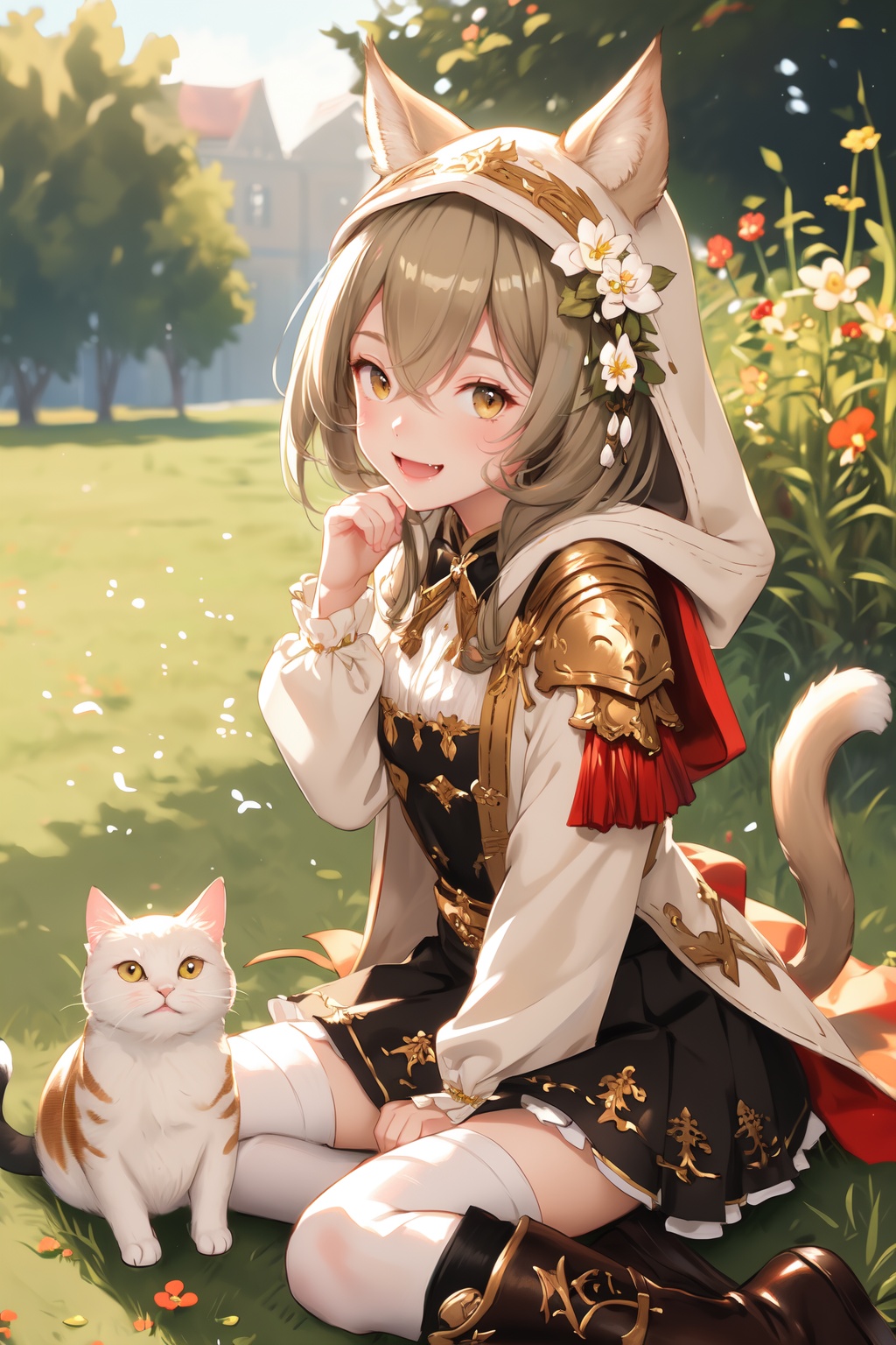 welchino style,1girl,cat,flower,erune,grey hair,open mouth,hair ornament,animal ears,hair flower,solo,white flower,smile,sitting,skirt,looking at viewer,animal,fang,hood,grass,hair between eyes,boots,cat on shoulder,black skirt,