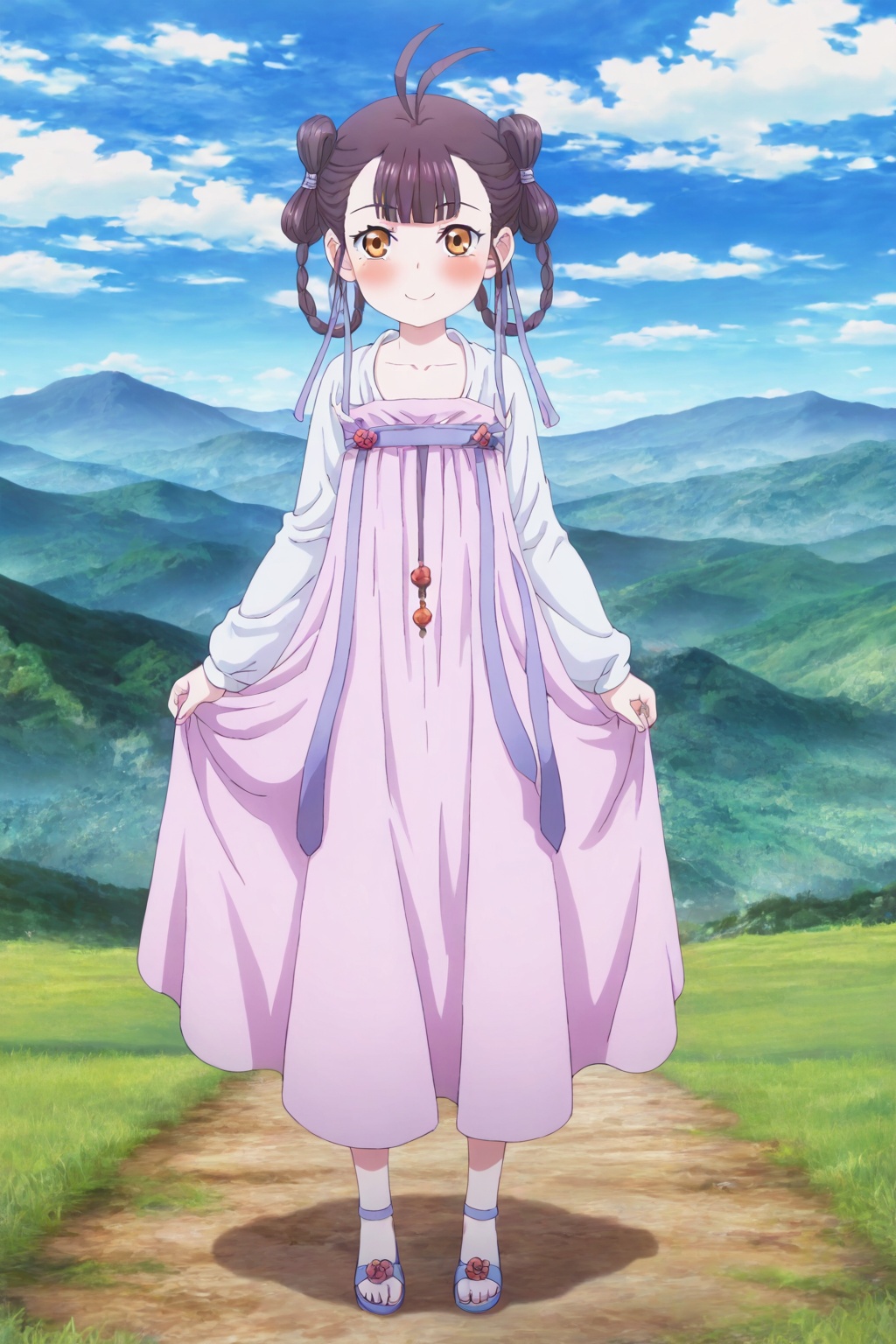 <lora:dongfangqinlan:1>dongfangqinlan,1girl,smile,(full body),looking at viewer,standing,blush,shy,outdoor,blue sky,