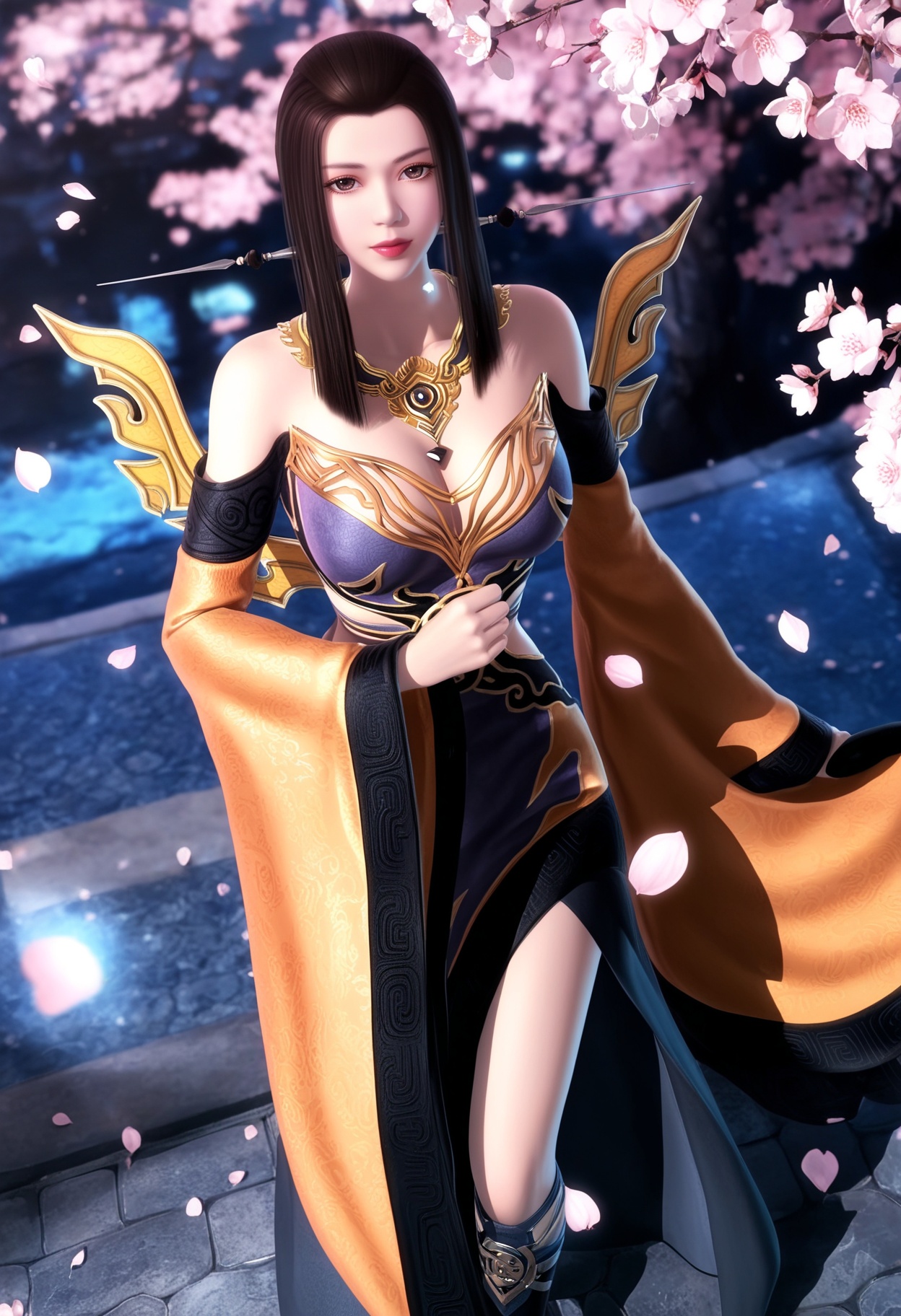 masterpiece,best quality,amazing quality,very aesthetic,high resolution,ultra-detailed,absurdres,scenery,photorealistic,(looking at viewer:1.1),(moody lighting:1.1),peach blossom,falling petals,(large breasts:0.8),yanfei,1girl,solo,long hair,black hair,brown hair,jewelry,dress,brown eyes,necklace,hair ornament,earrings,boots,ponytail,sidelocks,armor,detached sleeves,black footwear,high heels BREAK photorealistic details,<lora:QQSillyanfeiV1:0.8>,