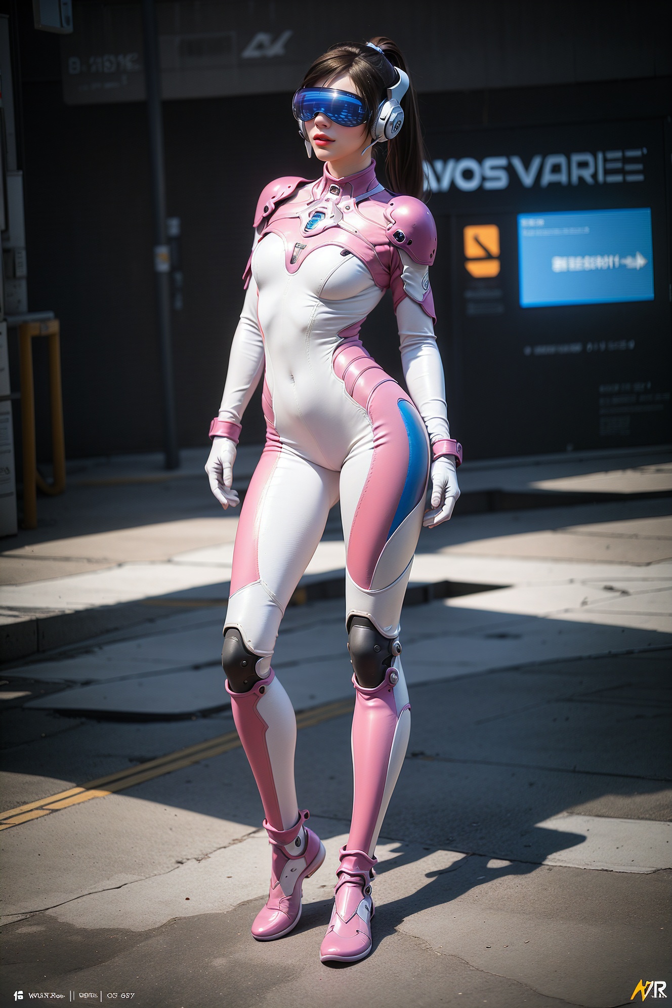 ultra realistic 8k cg,masterpiece,fantasy,detailed background,realistic lighting,skindentation:1.3,intricate detail,looking at viewer,<lora:jili_20231103083606:0.9>,white gloves,armor,science fiction,plugsuit,d.va \(overwatch\),glowing,light rays,pink bodysuit,gloves,armor,official alternate costume,science fiction,(Full body photo:1.3),vr glasses,