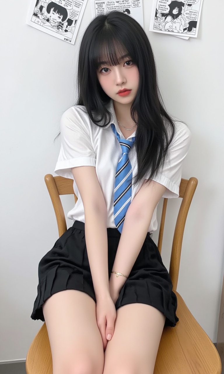 This is a real high-definition photo,This is a clear mobile selfie photo with a daily style. In the picture, there is a woman wearing a white short-sleeved shirt and a black pleated skirt, with a blue and white striped tie. She has long black hair, sitting on a wooden chair with her hands resting on her knees, facing the camera, and her eyes are looking at the camera. She appears to be around 20 years old, slim, and her expression is calm. Her outfit consists of a white short-sleeved shirt, a blue and white striped tie, and a black pleated skirt. Her hair is flowing freely without bangs. The background is a white wall, hanging some black and white comics. <lora:网图-MYH-2:0.9>