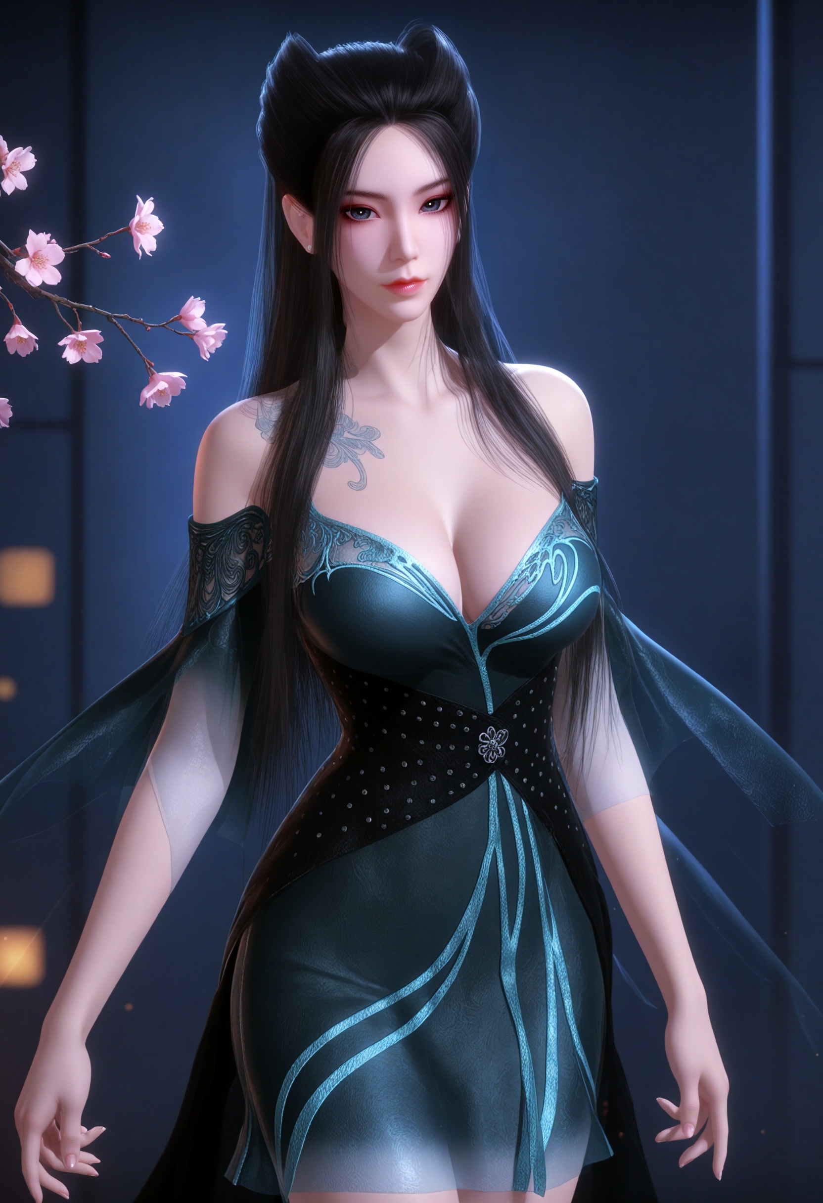 (cowboy shot:1.2),(gigantic breasts:0.6),(slender:1.3),(looking_at_viewer:1.1),(masterpiece:1.1),(best quality:1.2),(intricate details),dim lighting,(smog:1.3),(Dark room:1.3),(dim lighting:1.3),peach blossom,falling petals,<lora:YQ_li光辉v5_焰灵姬蓝衣_V1:0.8>,1girl,solo,q1528437228,black_hair,long_hair,dress,bare_shoulders,breasts,blue_eyes,realistic,cleavage,hair_bun,detached_sleeves,jewelry,blue_dress,earrings,high_heels,black_dress,piercing,tattoo,ear_piercing,shoes,footwear,masterpiece,(best quality),(intricate details:0.9) BREAK masterpiece,(best quality),(intricate details:0.9),(realistic skin:1.2),