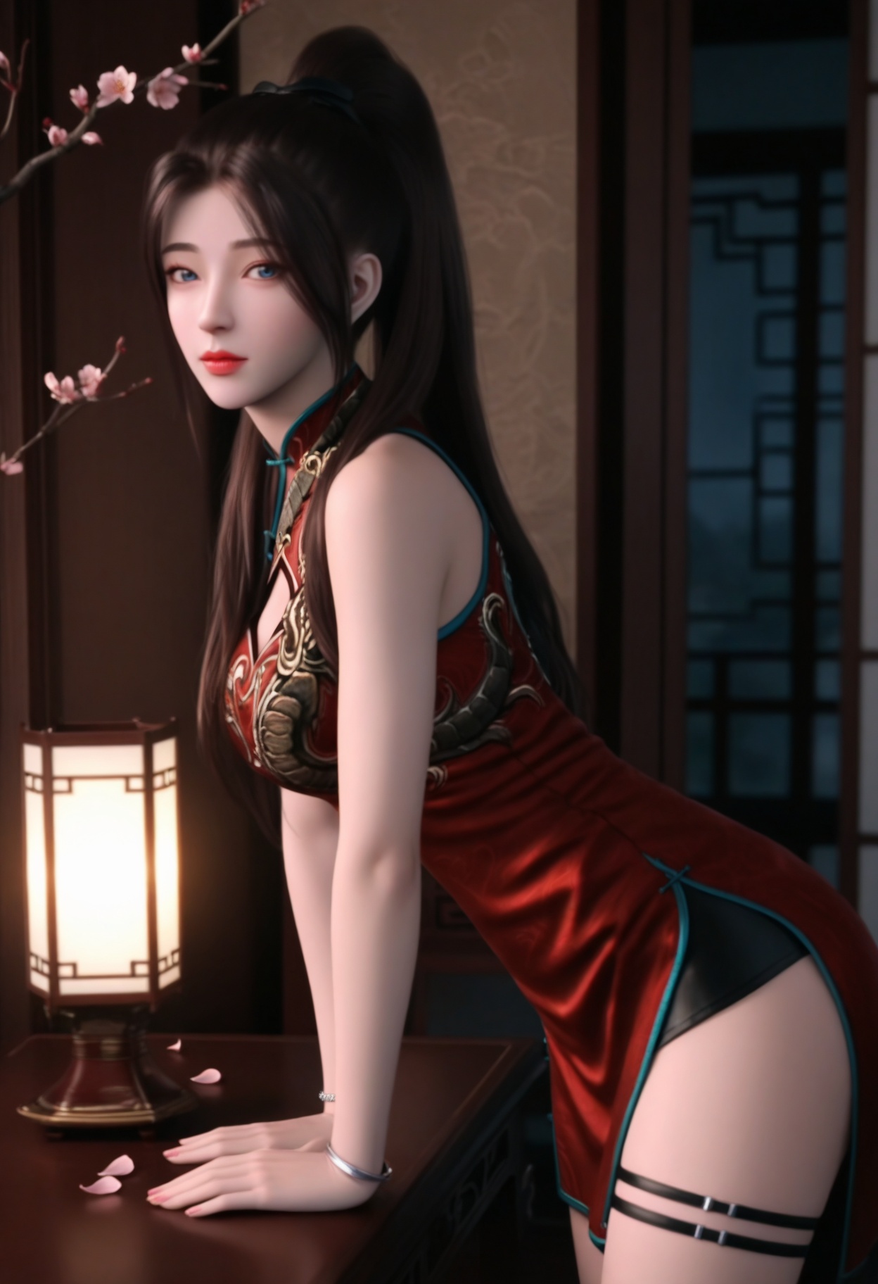 masterpiece,best quality,amazing quality,very aesthetic,high resolution,ultra-detailed,absurdres,scenery,photorealistic,(looking at viewer:1.1),upper body,(Dark room:1.3),(moody lighting:1.1),peach blossom,falling petals,(large breasts:0.8),tangzichen,1girl,solo,long hair,brown hair,chinese clothes,dress,china dress,red dress,blue eyes,ponytail,sleeveless,thigh strap,jewelry,bracelet,side slit,sleeveless dress,brown eyes,black hair,high ponytail,high heels BREAK photorealistic details,<lora:QQSilltangzichenV1:0.8>,