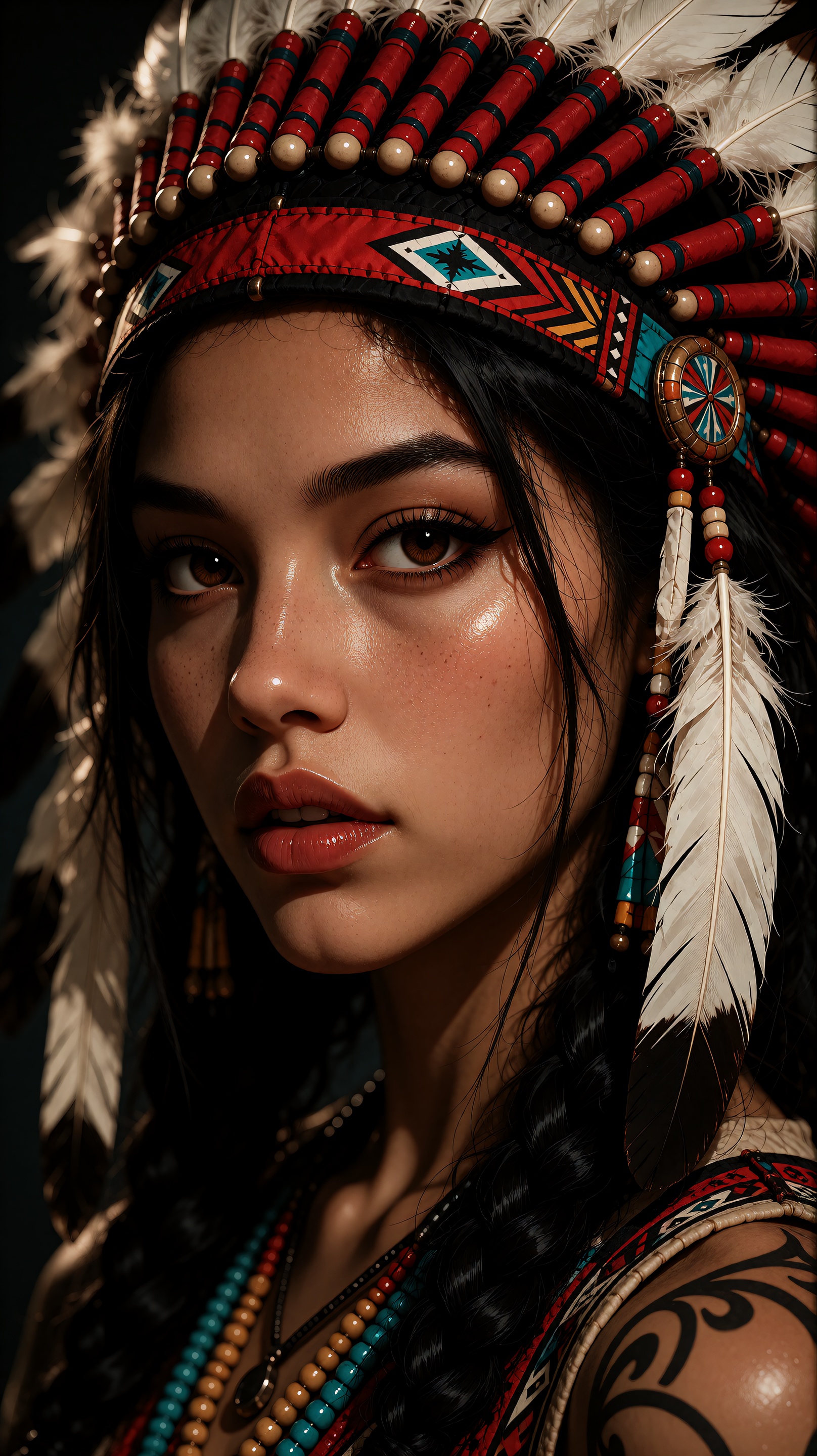 The image is a close-up portrait of a woman from a close-up angle,  showcasing a captivating and mysterious expression. th...
