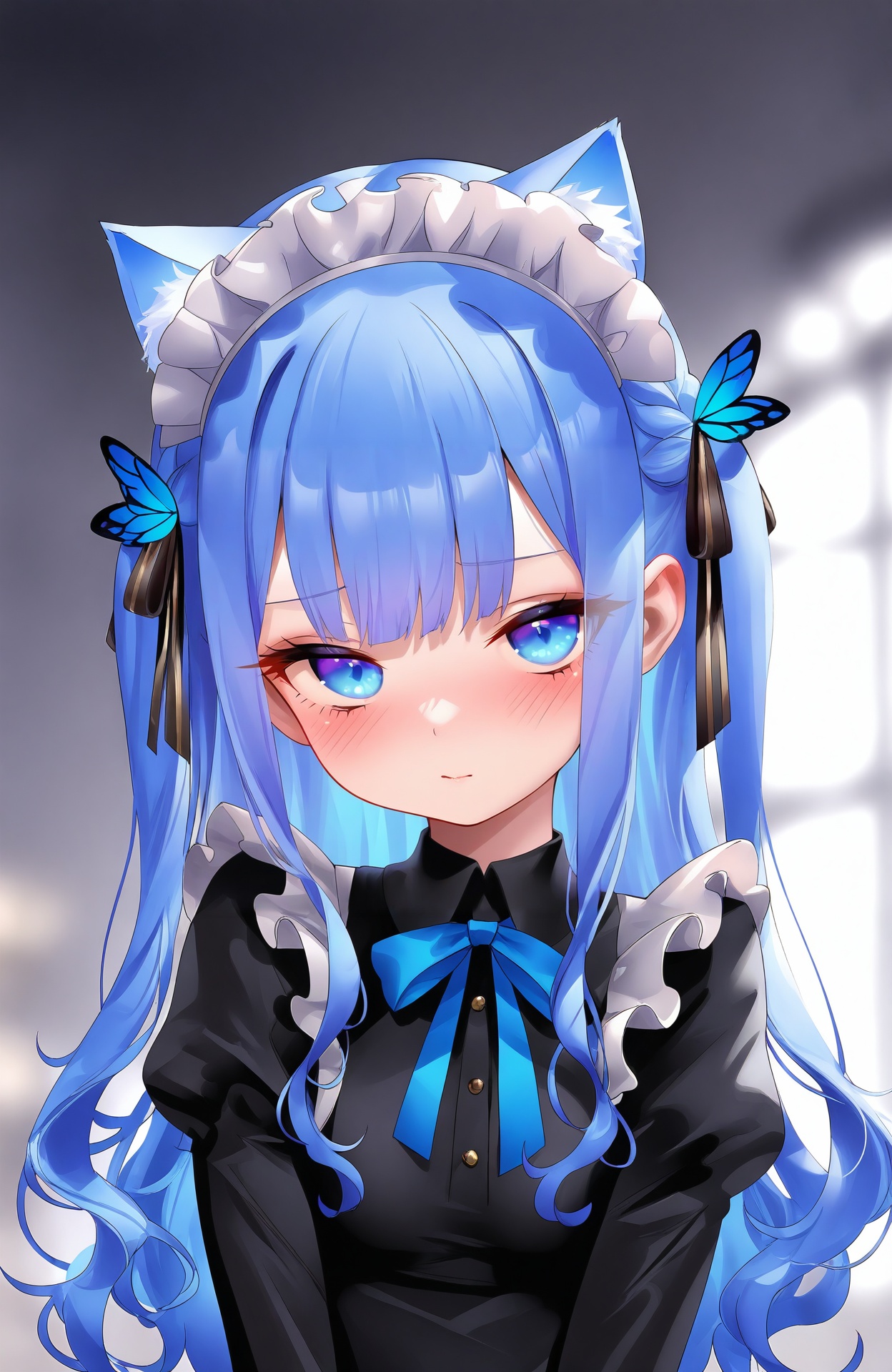 masterpiece,absurdres,best quality,petite,high quality,//,1girl,maid_headdress,blue_eyes,solo,long_hair,virtual_youtuber,looking_at_viewer,maid,hair_ornament,blush,animal_ears,cat_ears,ribbon,hair_ribbon,bow,fake_animal_ears,two_side_up,upper_body,bowtie,blue_hair,butterfly_hair_ornament,closed_mouth,blurry_background,//,<lora:nai4zhengliu——【CKXL】hans:1>,