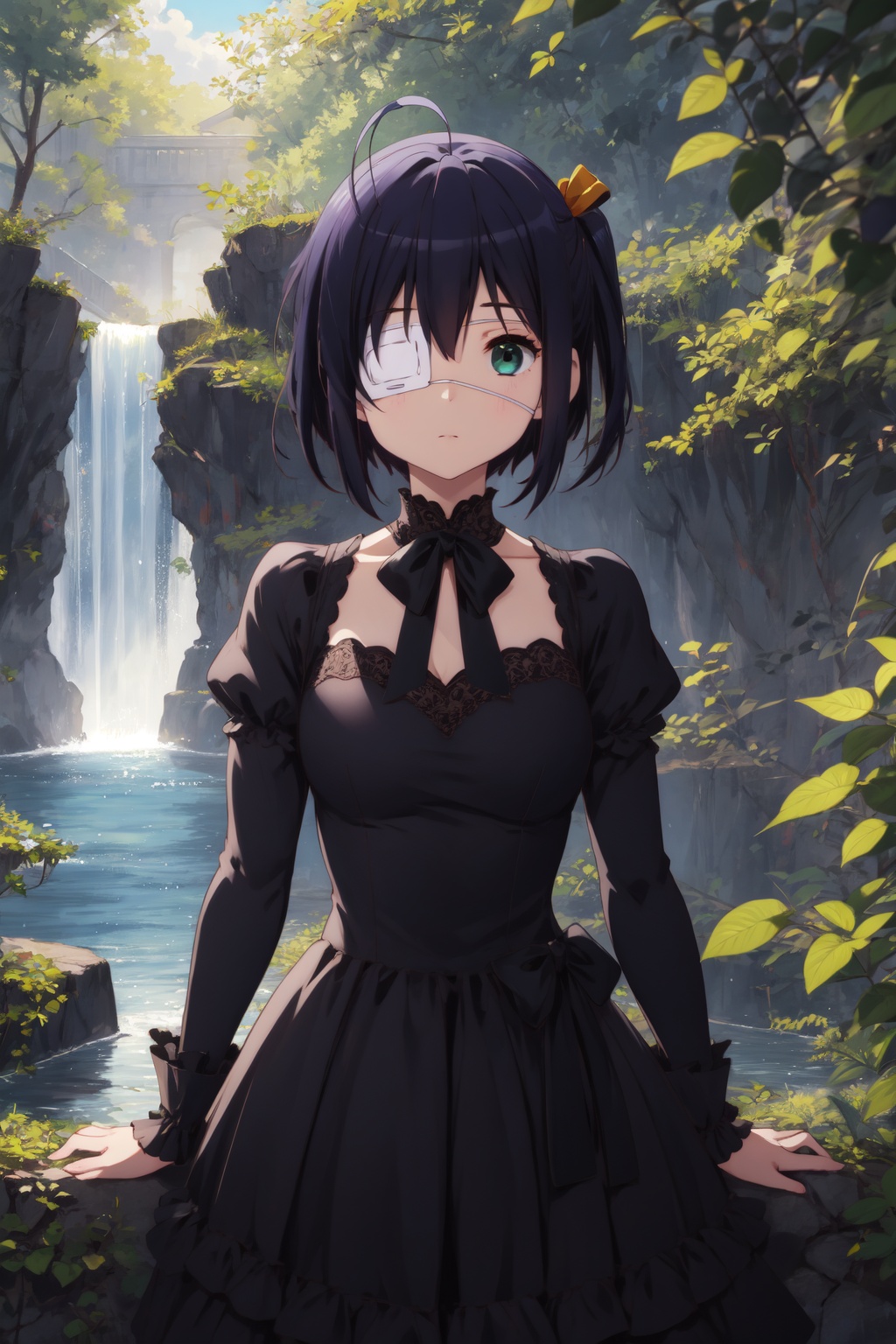 <lora:Rikka-000006:0.8>,Rikka CYQL,1girl,looking at viewer,solo,black hair,short hair,ahoge,ribbon,one side up,green eyes,eyepatch,medical eyepatch,dress,lolita fashion,long sleeves,smug,portrait,Waterfall, Jungle, Hidden, Serenity, Mist, Trees, Rocks, Discovery,(Coastal wildflowers, Sand dunes, Coastal breeze, Wildflower explosion, Coastal landscape, Sunset hues:0.5),beautiful detailed sky,beautiful detailed glow,posing in front of a colorful and dynamic background,masterpiece,best quality,beautiful and aesthetic,contrapposto,female focus,wallpaper,