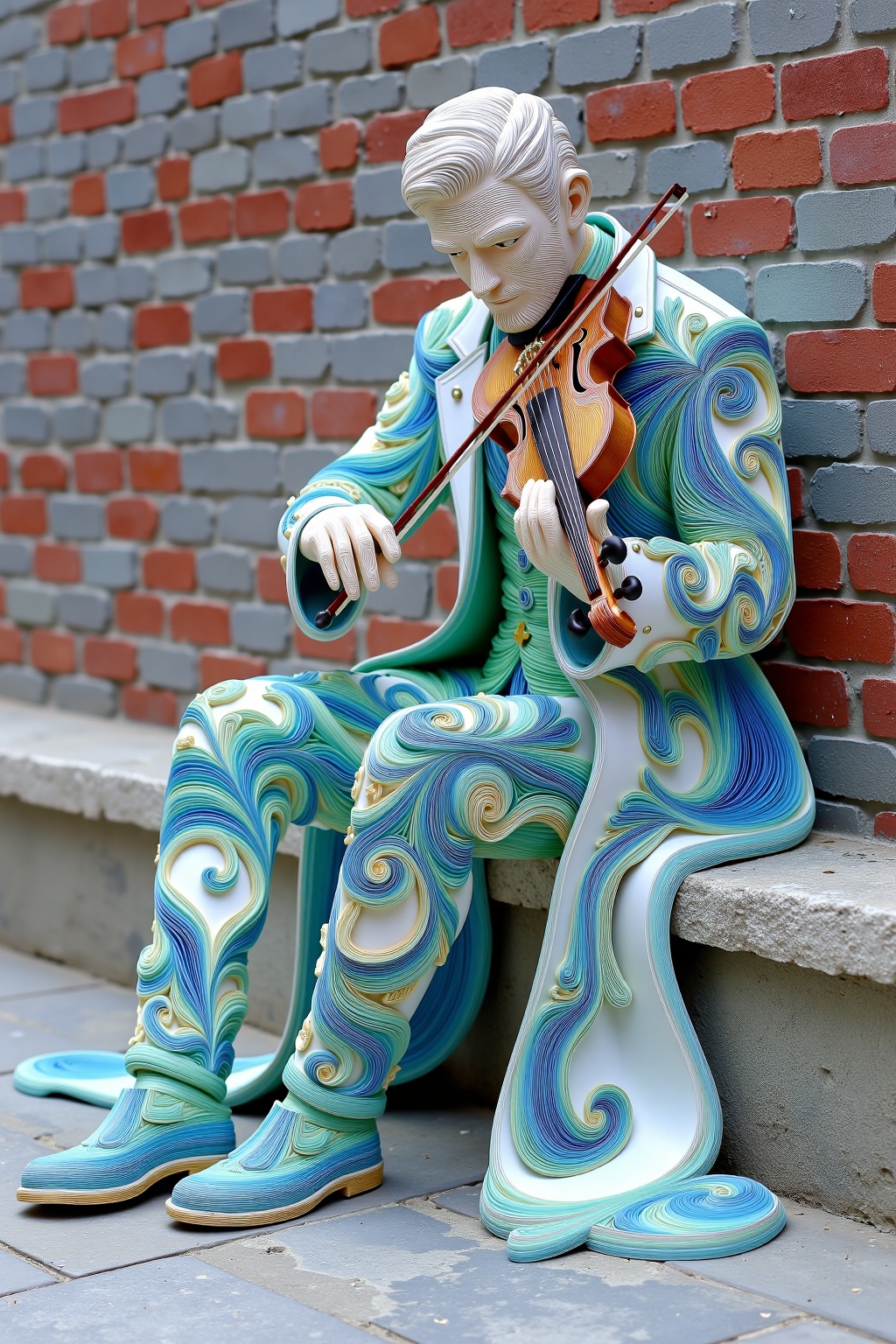 beijihui,a statue of a man is seated on a step,holding a violin in his right hand. The man's head is turned towards the left side of the frame,while his left hand is resting on his hip. The statue is adorned with a white robe adorned with blue and green swirls,adding a pop of color to the scene. The wall behind the statue is **** up of red and gray bricks,adding texture to the composition.,
