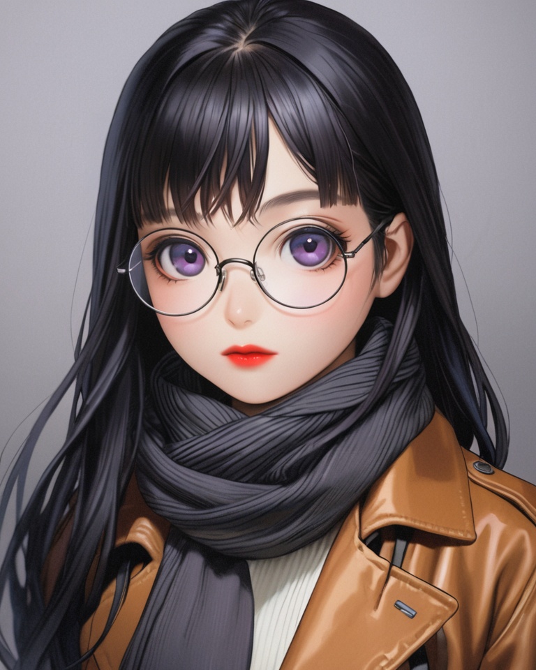 (best quality), ((masterpiece)), (highres), illustration, original, extremely detailed,  <lora:莲实复古动漫XL:0.7>1girl, solo, long hair, black hair, artist name, glasses, blurry, looking at viewer, red lips, blurry background, round eyewear, bangs, upper body, black-framed eyewear, closed mouth, depth of field, hair between eyes, scarf, purple eyes, jacket, grey background, brown jacket, black scarf, open clothes