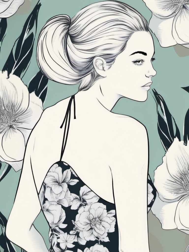 1NK ,  ,  black and white illustration of a young woman in a swimsuit. She is standing with her back to the viewer on Tens...