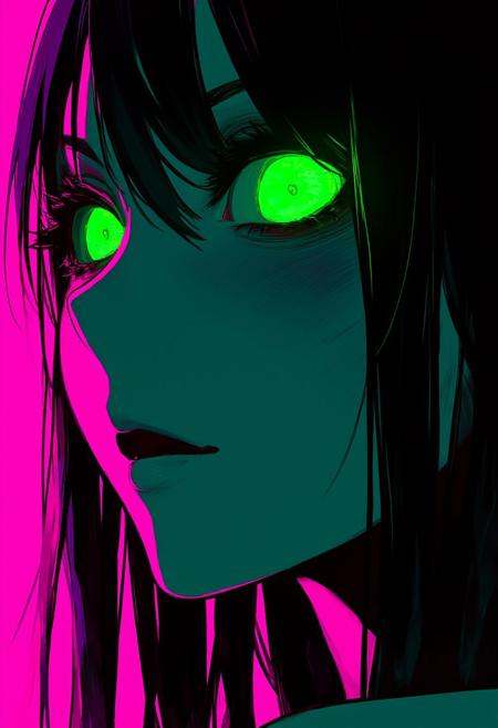 NLSTN. This image is a digital artwork in an neon-lit NLSTN anime style,, featuring a close-up of a young woman's face. The artwork is characterized by its vibrant, neon-lit color scheme with prominent use of pink, green, and black hues. The subject's face is illuminated with intense, glowing neon green light, creating an eerie, otherworldly effect.
