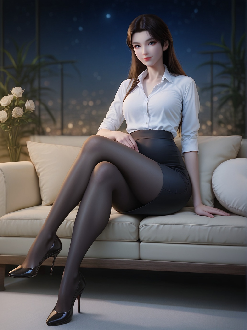 zPDXL3,score_9,score_8_up,score_7_up,source_realistic,rating_safe,<lora:xuner-000006:0.9>,xuner,1girl,solo,wavy long hair,closed mouth,light smile,collared shirt,pencil skirt,black pantyhose,high heels,sitting on couch,looking at viewer,full body,indoors,plant,rose wall,night sky,star \(sky\),glass,glowing,depth of field,blurry background,