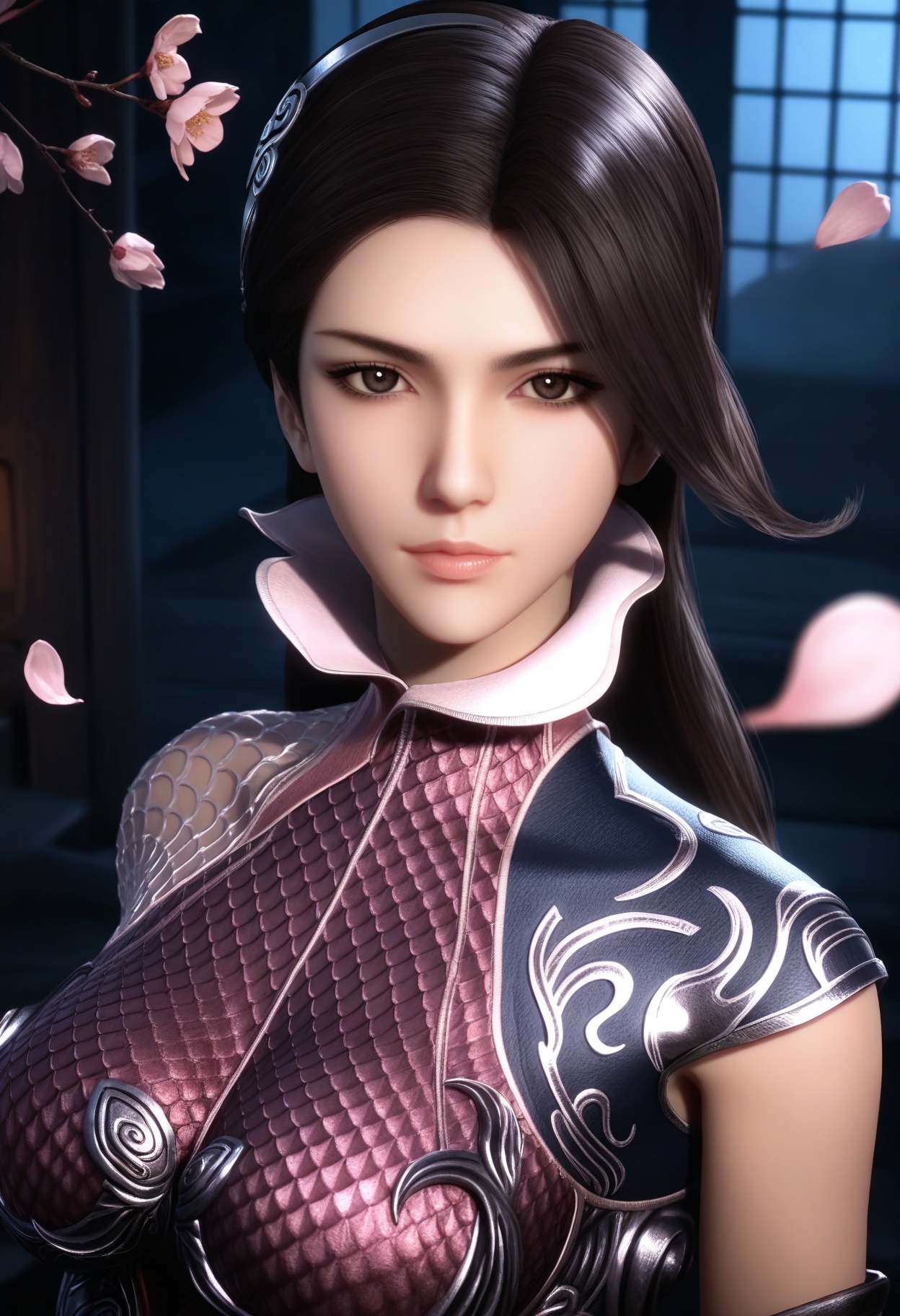 masterpiece,best quality,amazing quality,very aesthetic,high resolution,ultra-detailed,absurdres,scenery,photorealistic,(looking at viewer:1.1),upper body,(Dark room:1.3),(moody lighting:1.1),peach blossom,falling petals,(large breasts:0.8),tianyan,1girl,solo,long hair,black hair,armor,brown eyes,brown hair,hair ornament,bodysuit,fishnets,fishnet pantyhose,dress,gloves,black eyes,high collar,hairband,elbow gloves,high heels BREAK photorealistic details,<lora:QQSilltianyanV1:0.8>,