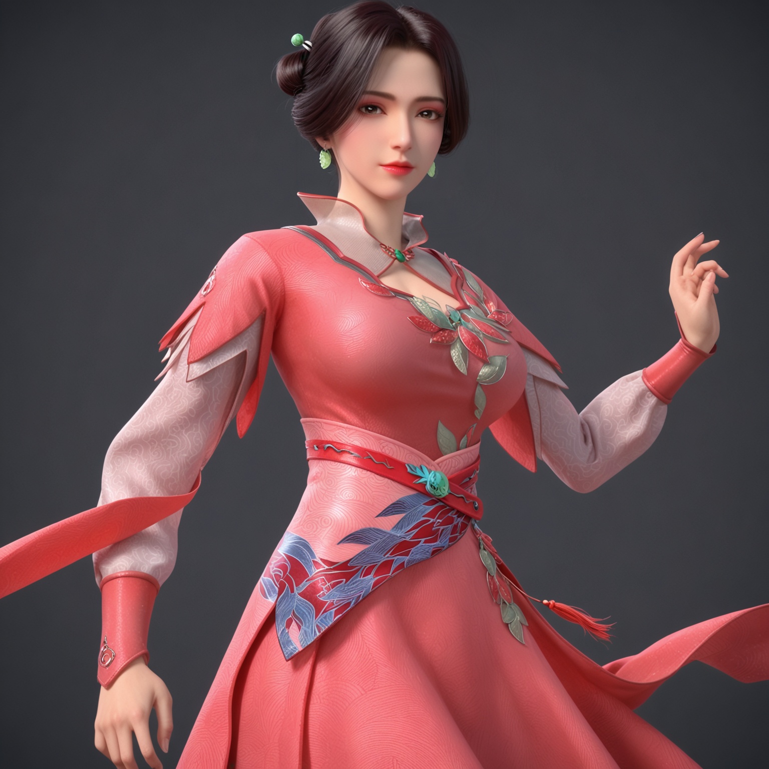 <lora:YQponyjimohuaxueV2:0.8>,q1528437228,solo,1girl,black hair,dress,jewelry,earrings,hair ornament,short hair,brown eyes,chinese clothes,pink dress,long sleeves,hair bun,brown hair,realistic,boots,necklace,red dress,clothing cutout,BREAK score_9,upper_body,portrait,shiny_skin,(looking at viewer:1.1),cinematic lighting,volumetric lighting,solo focus,(huge breasts:0.9),(simple background,pure black background,black background:1.1),