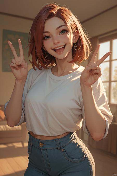 score_9,score_8_up,score_7_up,score_6_up, 1girl, solo, standing, v pose, happy, looking at viewer, indoors, cinematic angle