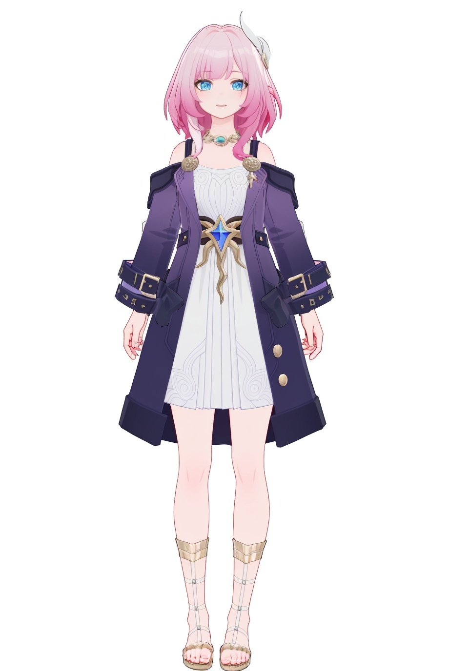 8k,best quality,masterpiece,(ultra-detailed),(high detailed skin),(by nanoless, by misumi \(macaroni\),:0.5),A full-body portrait of a young girl,standing gracefully,pastel art style,high-key lighting,shoujo manga influence,hd quality,delicate details,full body,full shot,standing,looking at viewer,(solo:1.2),simple background,(white background:1.2),<lora:Cyrene-v2-sd-Tanger:0.8>,Cyrene \(13 years old\),Cyrenesmall,clothes: Cyrenesmall purple and white dress, single side Cyrenesmall hair ornament,1girl,pink hair,sandals,coat,blue eyes,bangs,jewelry,long sleeves,