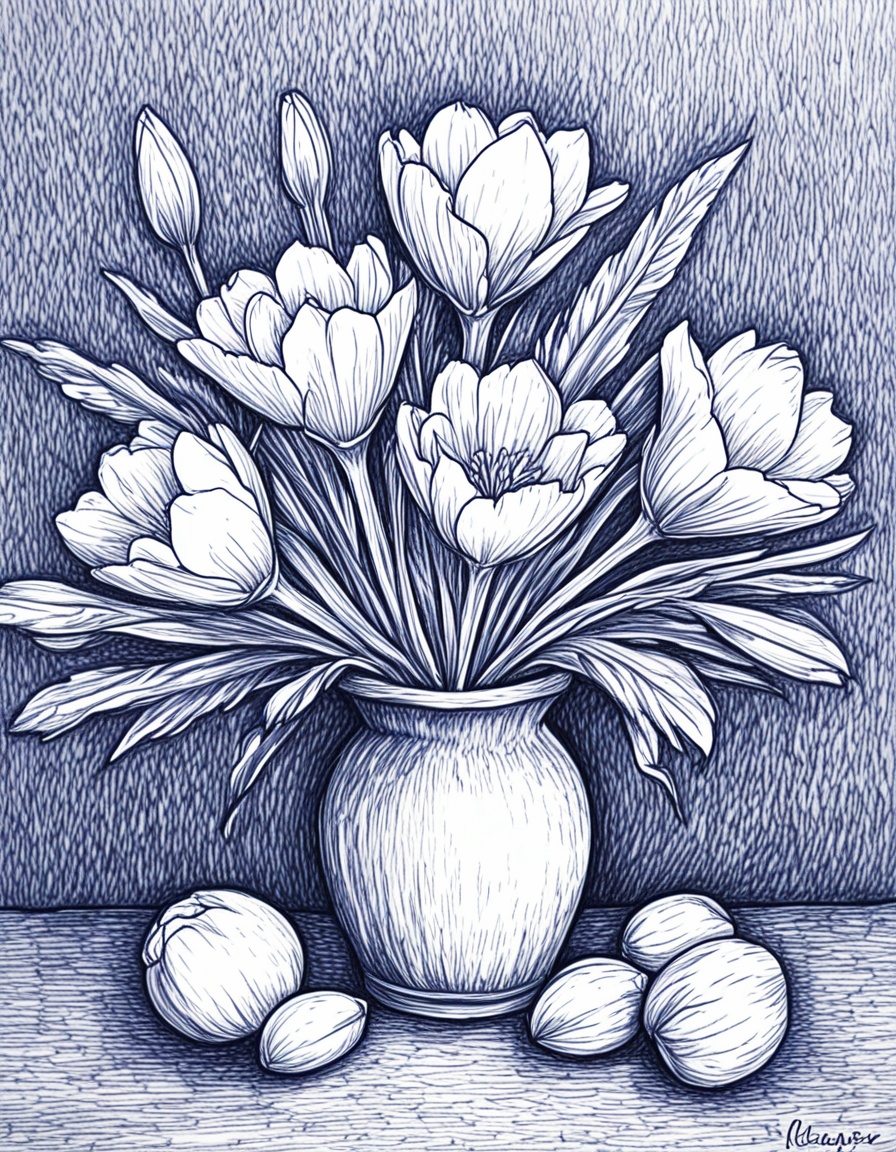 novuschroma42 style floral still life with crocuses,  irises,  asters ballpoint pen drawing on Tensor.Art