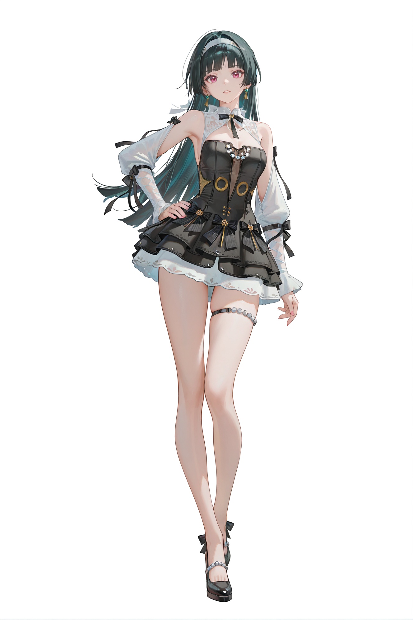 8k,best quality,masterpiece,(ultra-detailed),(high detailed skin),((artist:reoen), (artist:torino_aqua),year 2024:0.8)1girl,[artist:wlop],[artist:ningen_mame],artist:ciloranko,[[artist:rhasta]],artist:tidsean,artist:iumu,full body,full shot,standing,looking at viewer,(solo:1.2),simple background,(white background:1.2),hand on own hip,(white background:1.1),<lora:yaojy-ill-Tanger:0.8>,alternate costume,Astra Yao \(zenless zone zero\),clothes: yjy black short dress with white detached sleeves,1girl,long hair,jewelry,earrings,hairband,thigh strap,bare legs,