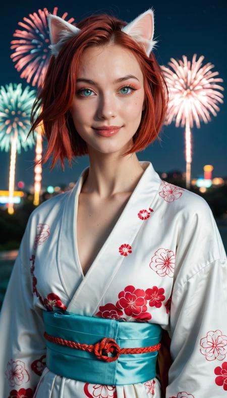 score_9_up, score_8_up, score_7_up, Raw Photo, Portrait, girl, cute, seductive, innocent, light smile:0.3, plump lips, slender body, cat ears cyberpunk spy lord, kimono, bob hair, radiant color, pale turquoise and red hair, ghostly fantasy settlement in a Mudflat, night, fireworks background, depth of field, dynamic angle, photo realistic:1.4, realistic skin:1.4, fashion photography, sharp, analog film grain, hyperdetailed:1.15