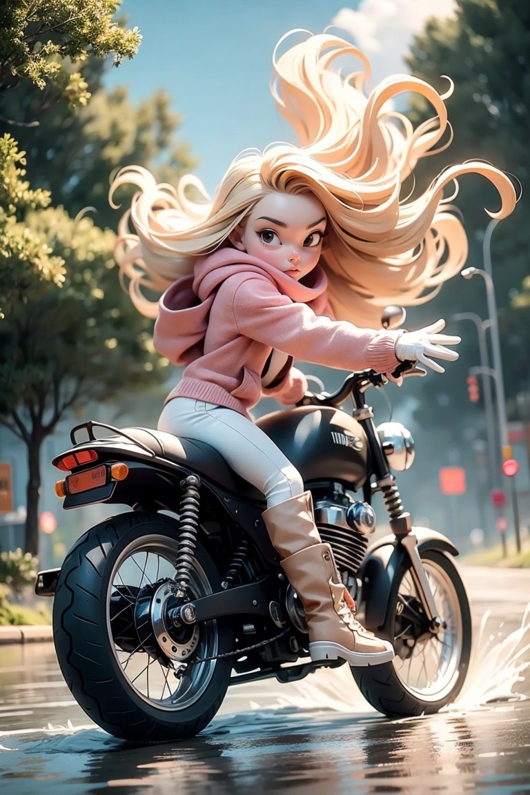 "Describe the object" : "a girl riding a motorcycle",1girl,pink long upper shan,ground vehicle,solo,gloves,motor vehicle,helmet,black eyes,boots,white gloves,blonde hair,riding,scarf,C4D,3D,running on the road,tree,flowing hair,ground water accumulation,spray,