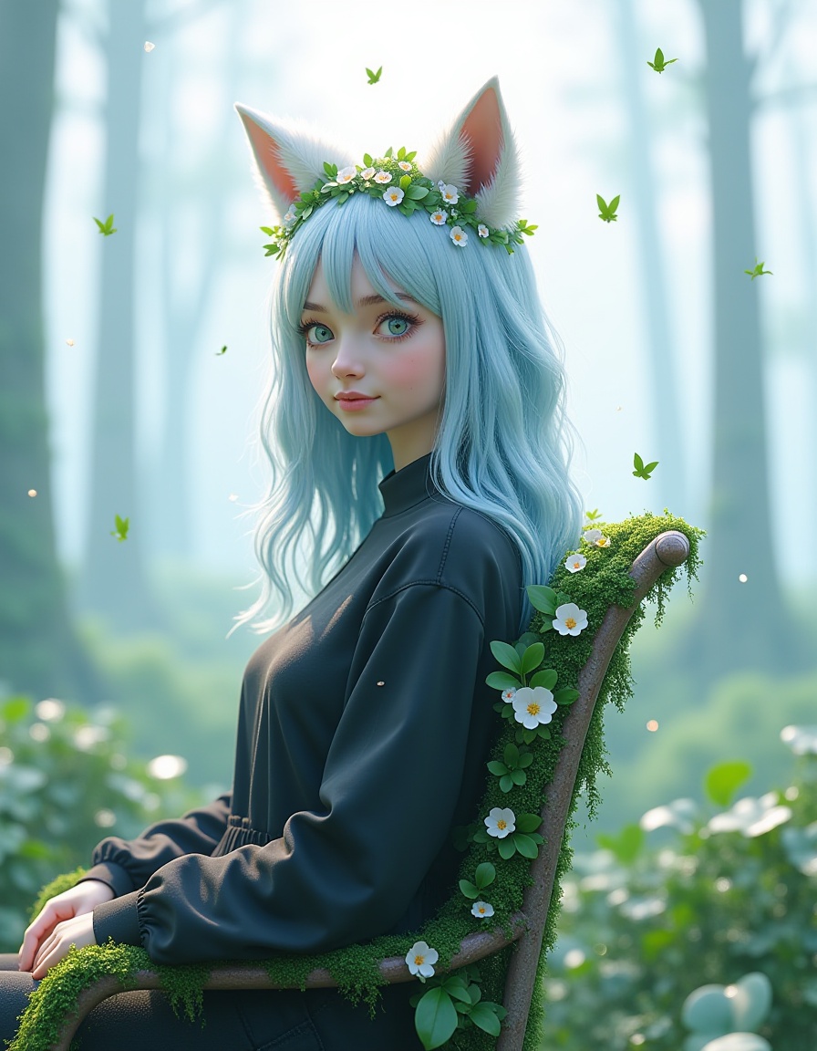 A photo-realistic shoot from a close-up camera angle about a chair covered in green moss with small white flowers and green leaves,set against a blurry,misty forest background. the image also shows a whimsical and dreamy atmosphere. on the center of the image,a chair appears to be made of metal,with a moss-covered seat and back. the chair has a rustic,weathered appearance,and the chair is positioned in the middle of the frame. on top of the chair,there are small,white flowers with green leaves and small,delicate petals. the flowers are arranged in a circular pattern,with some overlapping each other. the background is blurred,with soft,diffused light filtering through the trees,creating a dreamy and ethereal atmosphere.A digital illustration shoot from a profile camera angle about a stylized illustration of a woman with a fox-like head and flowing hair, set against a white background with abstract blue splatters. the image also shows a young woman, who appears to be in her early twenties, with light skin, blue eyes, and a slender physique, wearing a simple black shirt. she is positioned in the middle of the image, facing the viewer with her eyes looking to the side. her hair is styled in a long, flowing manner, with blue and white streaks running down her back. on her head, there is a fox with a long tail and glowing orange eyes, its head is tilted slightly upwards, giving a sense of movement. the woman's expression is calm and serene, with parted lips and a slight smile. the background is a simple white, with a few splashes of blue paint around her, adding to the overall sense of realism and fantasy.<lora:花开时间(1):1>,