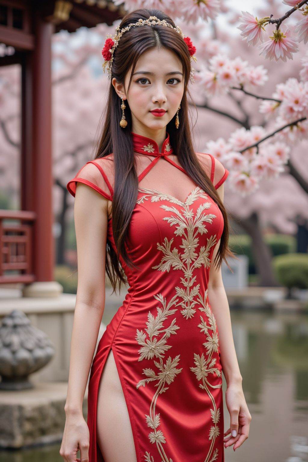 This is a photograph of a young woman with fair skin and long brown hair styled in an elegant updo adorned with floral hairpieces. She wears a red, form-fitting cheongsam dress with intricate gold embroidery, a high slit, and sheer sleeves. She stands by a traditional Chinese pavilion with cherry blossom trees in bloom in the background, set against a serene water feature. The image has a realistic, photorealistic style with soft lighting and vibrant colors.