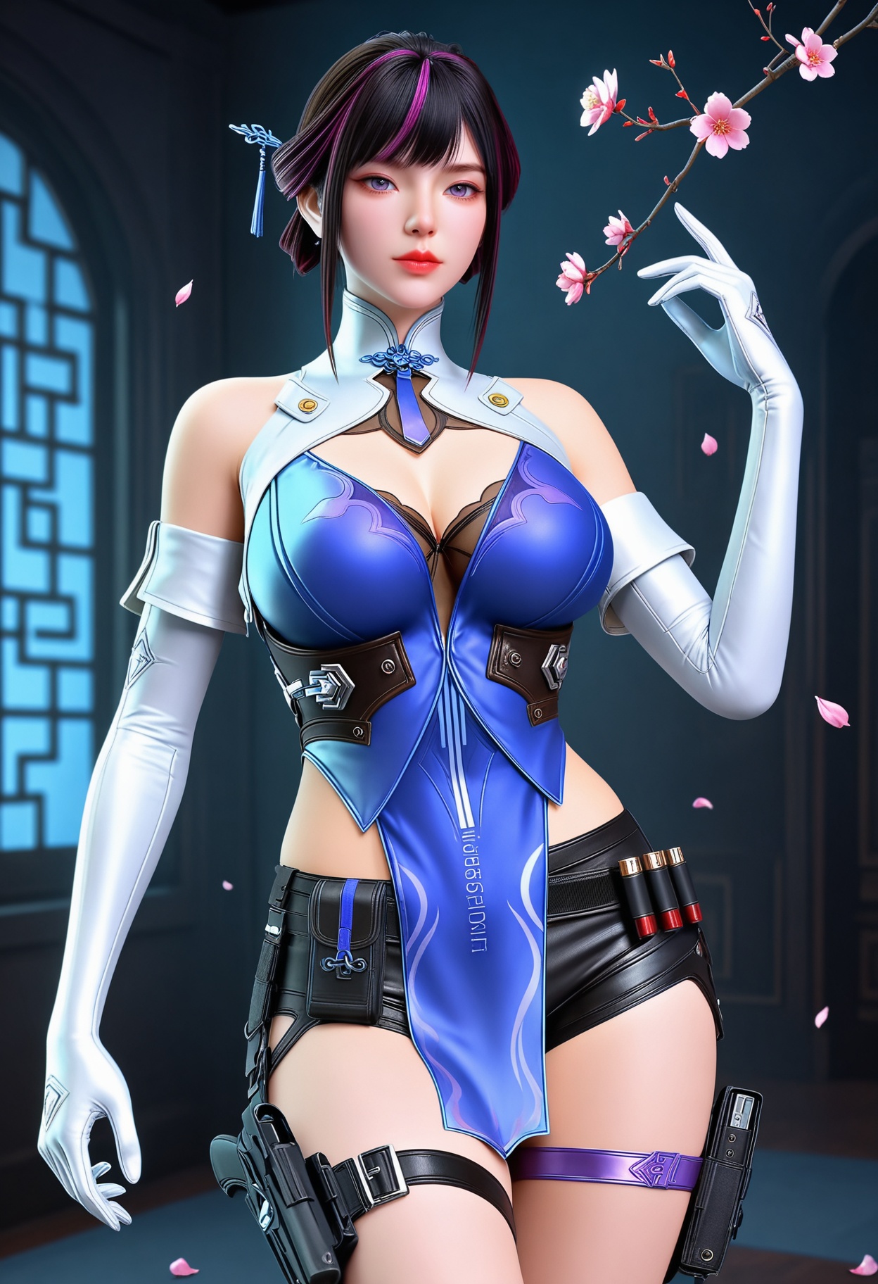 (cowboy shot:1.2),(gigantic breasts:0.8),(Perky boobs:1.3),(looking at viewer:1.1),facing viewer,direct gaze,(masterpiece:1.1),(best quality:1.2),(intricate details),(smog:1.3),(Dark room:1.3),(dim lighting:1.3),peach blossom,falling petals,<lora:YQ_Illustrious光辉v5_虹儿_V1:0.8>,1girl,q1528437228,solo,gloves,dress,short hair,shorts,chinese clothes,purple eyes,thigh strap,holster,hair bun,hair ornament,sidelocks,thigh holster,detached sleeves,high heels,masterpiece,(best quality),(intricate details:0.9) BREAK (intricate details:0.9),(realistic skin:1.2),masterpiece,best quality,newest,absurdres,hiahres,
