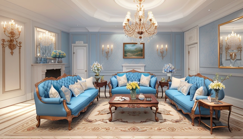 1room, Huali, Europeroom, chandelier, no humans, couch, painting \(object\), table, candlestand, indoors, flower, scenery, blue flower, picture frame, chair, vase, candle, picture \(object\), pillow, lamp, carpet, rug, on couch, plant, tablecloth, book, bouquet, window, cushion, rose, hydrangea, fireplace, reflective floor ,<lora:SD1.5_Europeroom1.28:0.6>