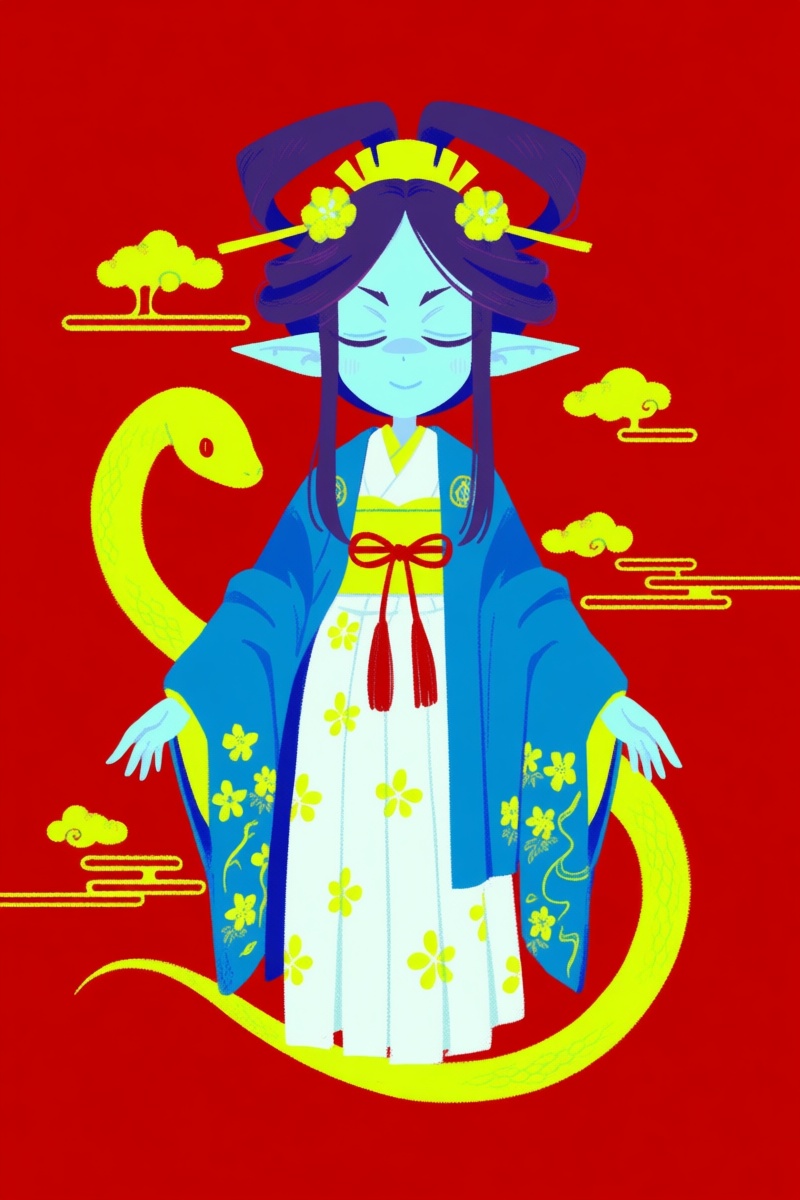 @jsslnst,  The image depicts a stylized female character against a solid red background. The character has pale blue skin...