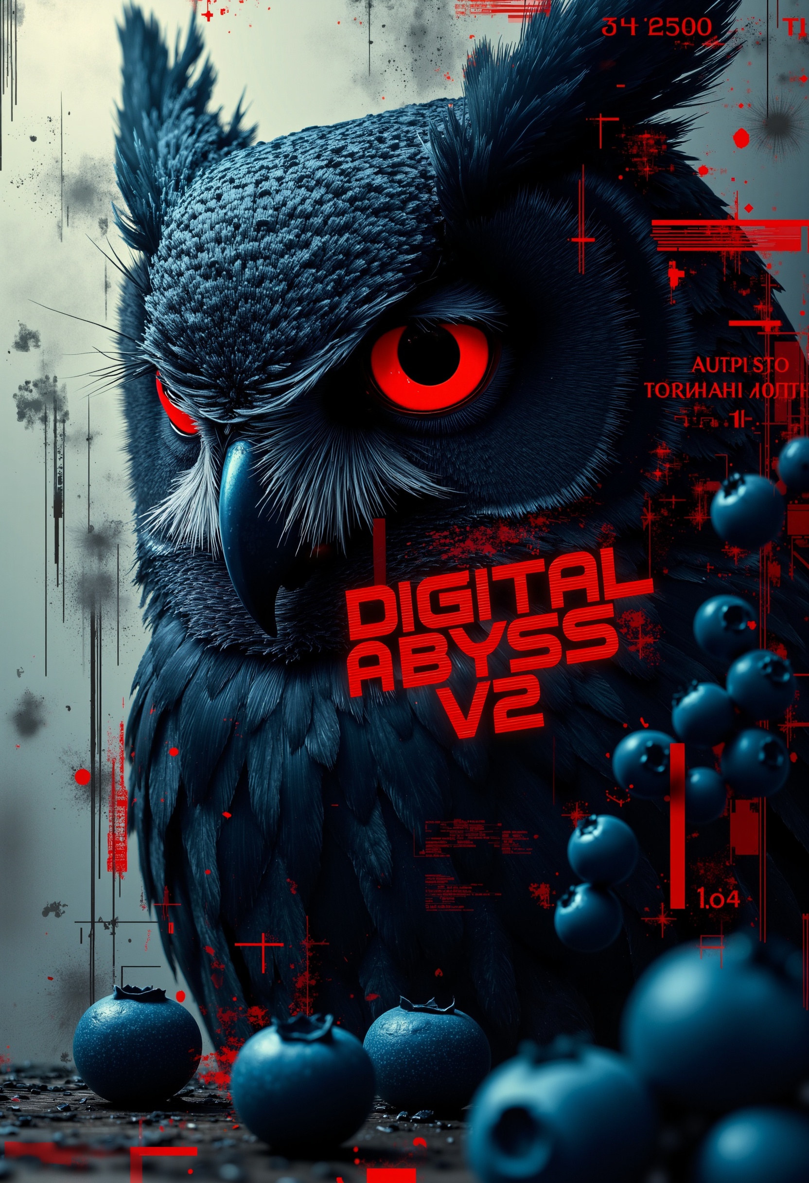 bo-abyss A cyberpunk portrait of a owl with sleek,  glossy feathers,  blending with abstract digital elements. The dark am...