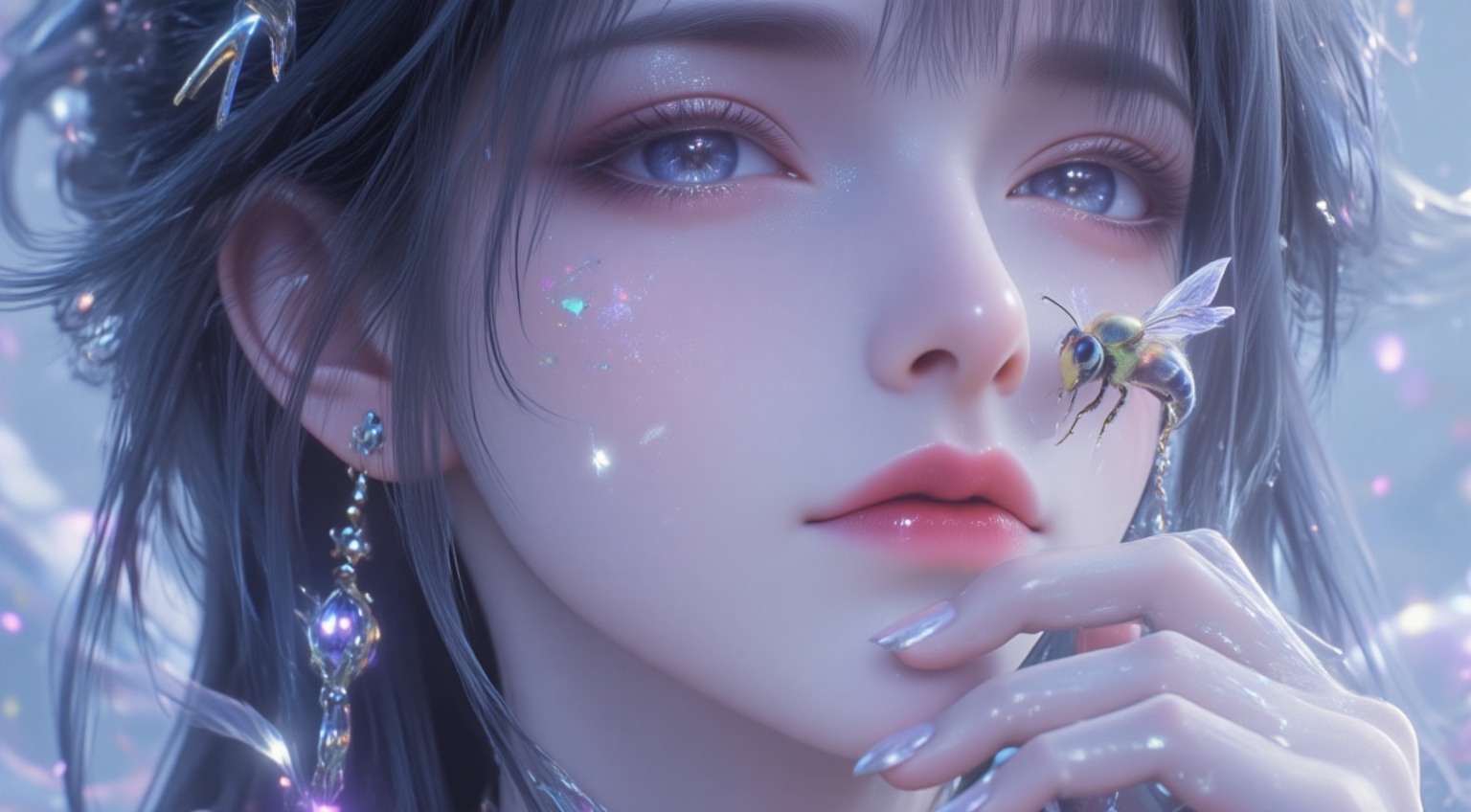 DTABSLINE,DTOC,DTABSLINE,octane rendering,UE5,Maya,blender,CG Wallpaper,CG Computer Desktop,cg style,cinematic lighting,1girl,Surreal close-up of a woman's face,focused on her eyes and lips,with a realistic bee perched on her cheek. The woman's skin is covered in glittering sequins,giving it an iridescent,crystal-like appearance. Her makeup is vibrant and metallic,with pink and blue tones reflecting light in a futuristic style. The bee is intricately detailed,with translucent wings that capture and reflect the colors of the surroundings. The background is a soft,glowing blue,enhancing the ethereal and dreamy atmosphere,fantasy aesthetic,