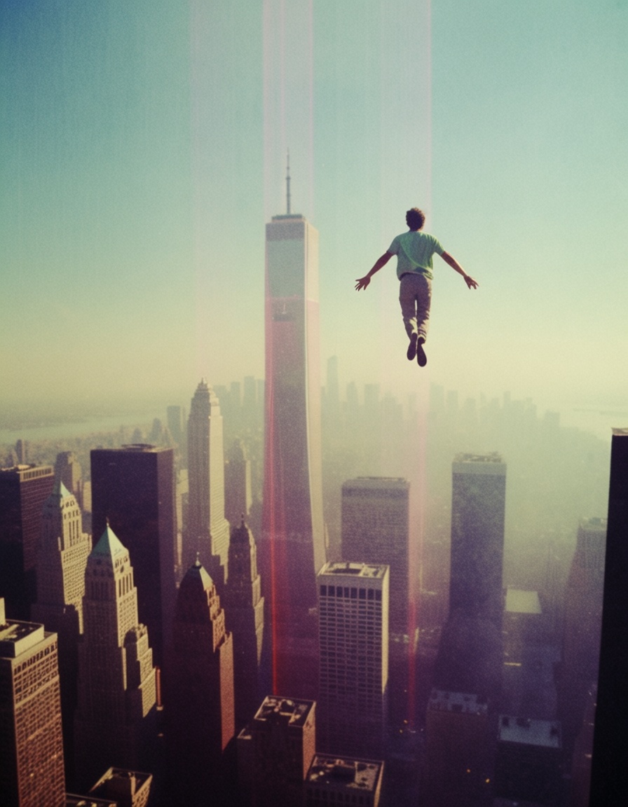 eh80retrofilms,  man levitating over new york,  twin towers on Tensor.Art