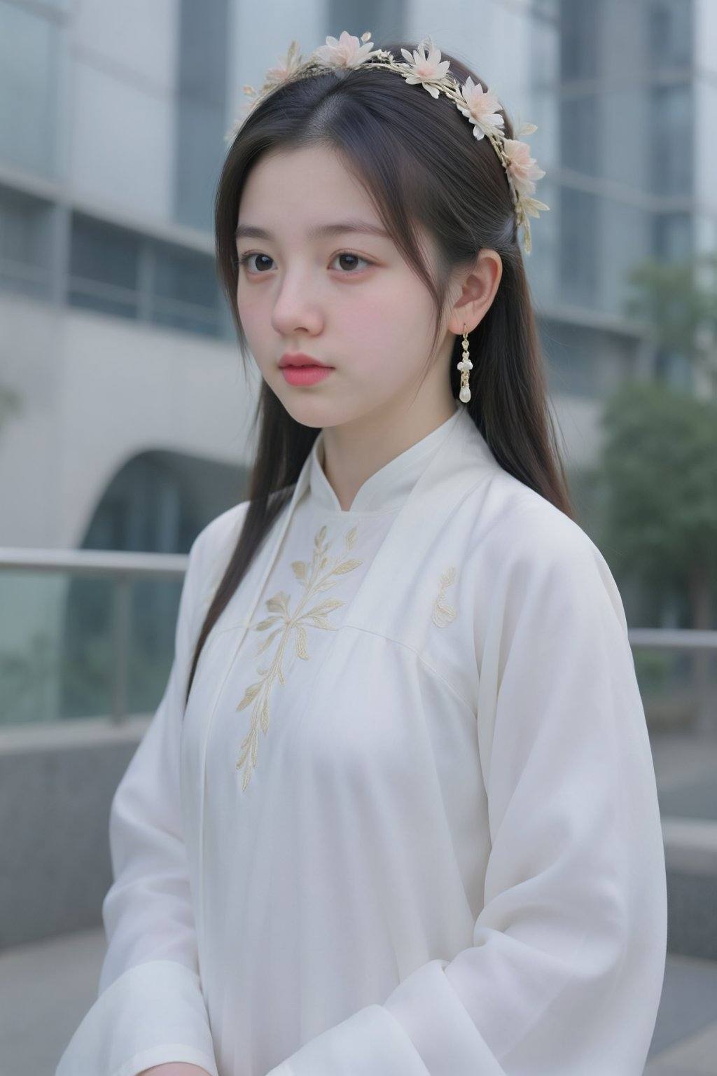 This is a high-resolution photograph of a young East Asian woman posing outdoors. She is dressed in traditional Chinese at...