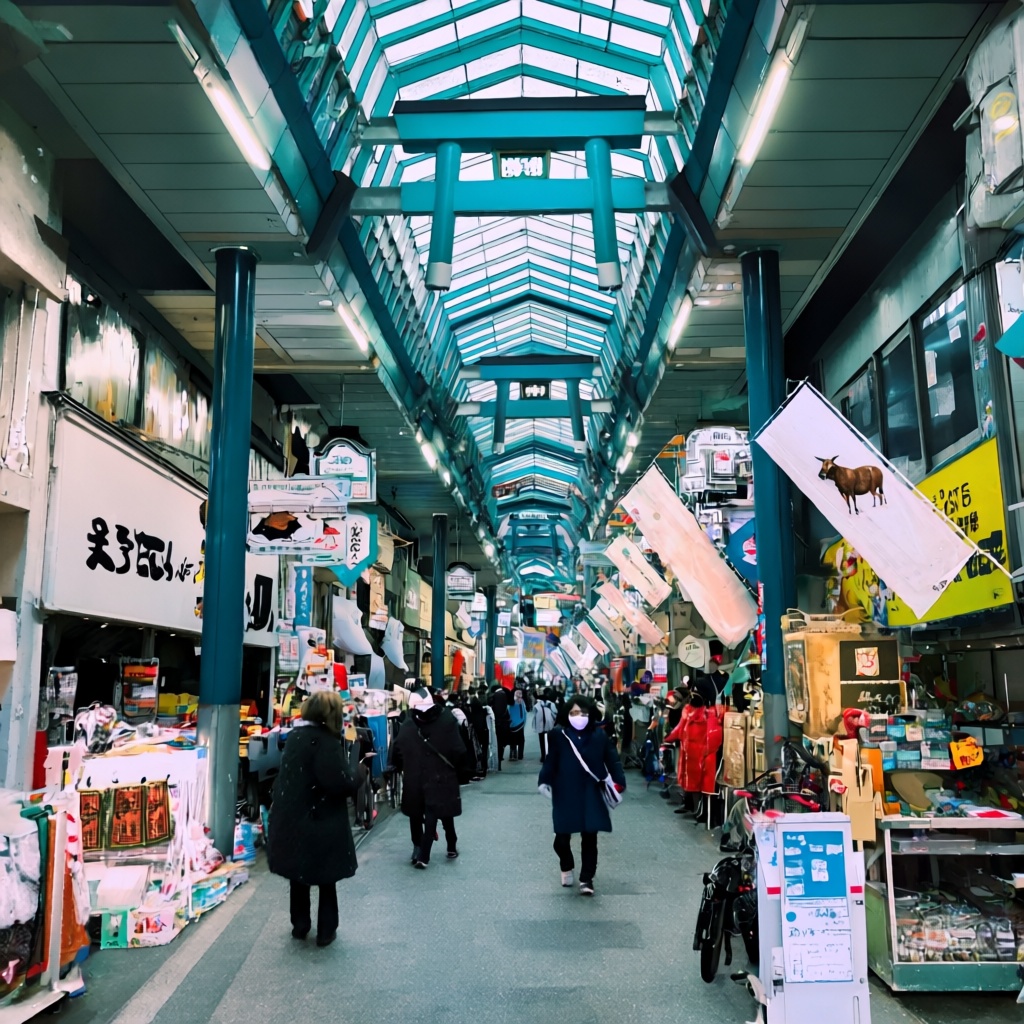 A long,  covered shopping arcade extends into the distance,  revealing a vibrant urban thoroughfare with significant spati...