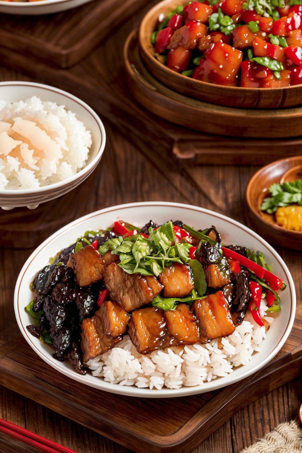 depth of field,chinese food,realistic,holding,food,indoors,plate,bowl,rice,holding spoon,food focus,vegetable,