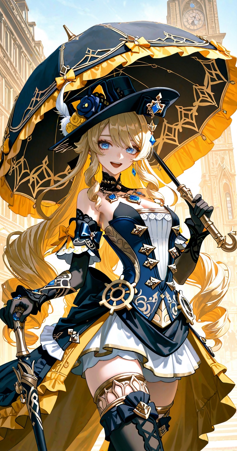 Navia_(genshin_impact),(masterpiece, best quality:1.2),amazing composition,Navia (genshin impact),a powerful shot,a visual impact,a visually striking look,It is a high resolution,best quality concept art,blue eyes,white gloves,solo,smile,looking at viewer,holding cane,white hair,ahoge,1girl,blonde hair,blue eyes,long hair,dress,hat,solo,open mouth,holding umbrella,holding,parasol,gloves,smile,looking at viewer,bangs,jewelry,:d,drill hair,black headwear,bare shoulders,black gloves,bow,breasts,flower,earrings,detached sleeves,close-up details,outstanding style,adding a touch of dimension to your images without compromising details,whirls of vapor,iridescent textures,(Anime:1.1),ethereal ambiance,delicate details,magical high-concept,32K UHD,sharp focus,best-quality,masterpiece,golden hour,unconventional supreme masterpiece,masterful details,temperate atmosphere,with a high-end texture,in the style of fashion photography,photography,cover,dynamic angle,dynamic posture,(artist:quasarcake:0.8),extreme aesthetic,(wlop:0.6),(honjou raita, lack, rella:0.5, wanke),masterpiece,best quality,good quality,very aesthetic,absurdres,visual impact,a shot with tension,ultra-high resolution,32K UHD,sharp focus,best-quality,masterpiece,emotionalization,unconventional supreme masterpiece,masterful details,temperate atmosphere,with a high-end texture,in the style of fashion photography,(visual impact:1.2),giving the poster a dynamic and visually striking appearance,impactful picture,official art,colorful,splash of color,movie perspective,masterpiece,best quality,amazing quality,very aesthetic,absurdres,best quality,newest,
