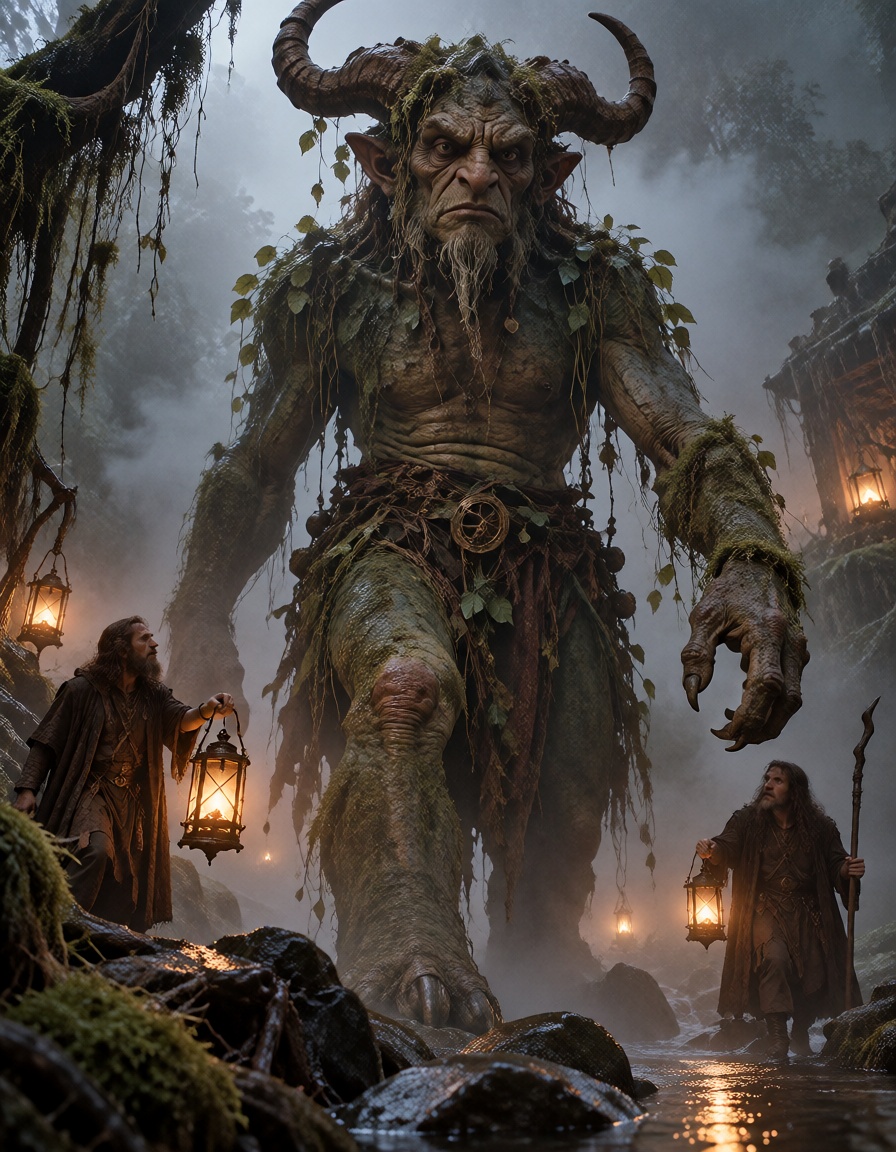 practicalfantasy,  A towering horned forest creature emerging from dense mist,  full-body practical creature suit with tex...