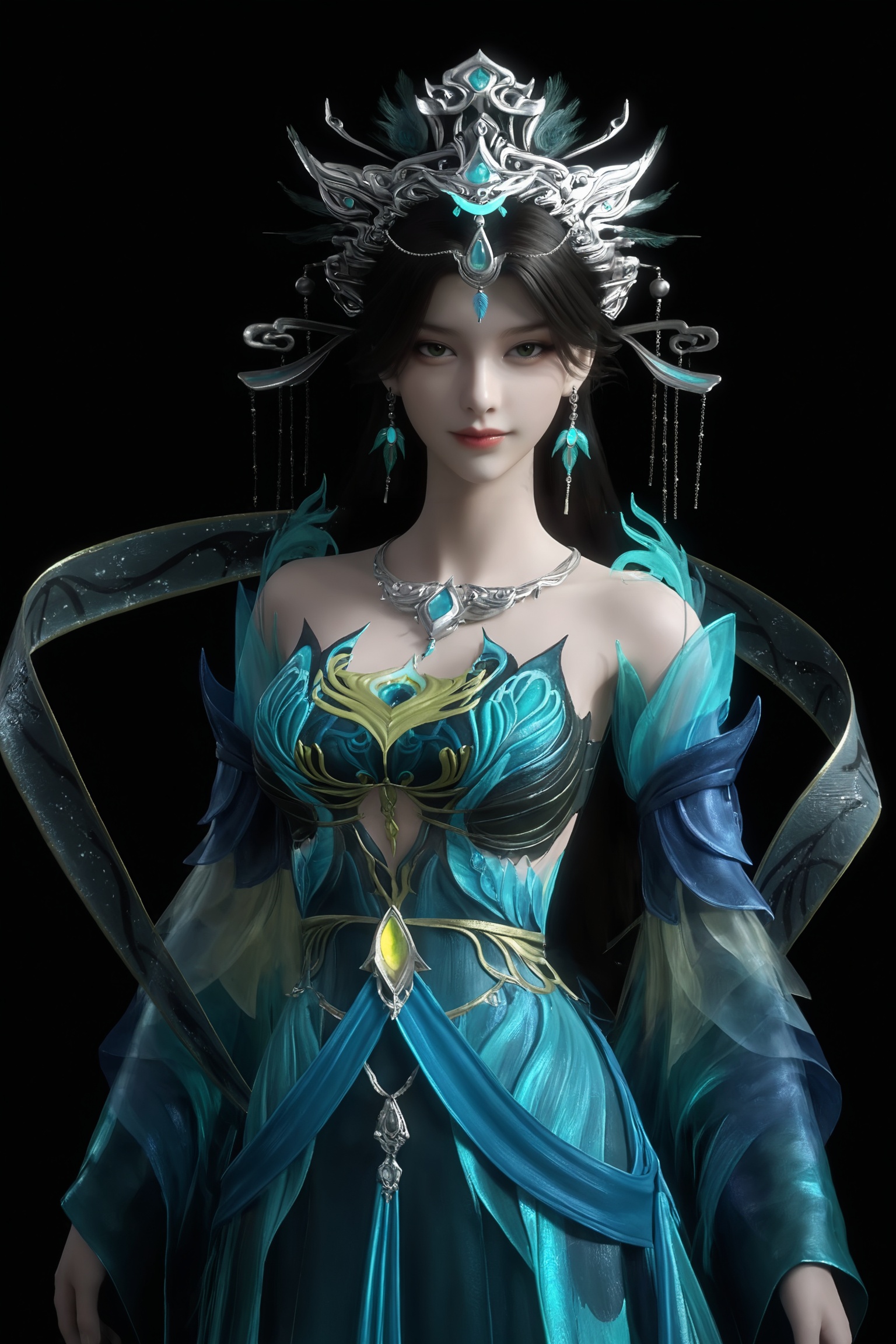 breasts,black background,simple background,photorealistic,1girl,beautiful_detailed_eyes,masterpiece,best quality,cinematic lighting,ethereal,standing,looking at viewer,<lora:云深不知梦-燕倾菲Pony:0.7>,1girl,long,dark hair,ornate headdress,earrings,flowing,ethereal gown in shades of blue,teal,and silver,featuring intricate,dragon-like patterns and a deep V-neckline.,