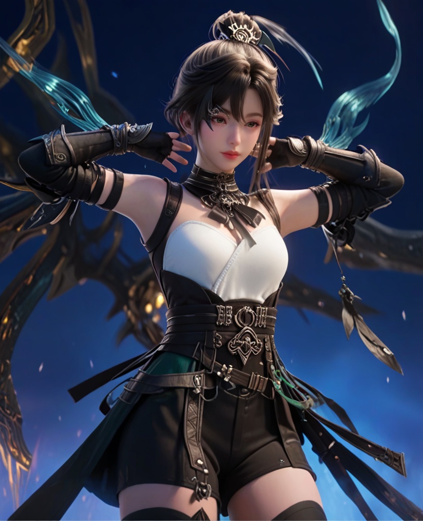 (oriental architecture, elegant decor, sophisticated style:1.1),(Standing, legs apart, arms extended,:1.1),(breasts:1.2),<lora:XL逆水寒玄机掌门宋邀星>,miss xuanji,black hair,glasses,ponytail,choker,detached collar,tube top,long hair,green overskirt,black shorts,sash,thigh strap,black thighhighs,elbow gloves,lips,, score_9,score_8_up,score_7_up,score_6_up,score_5_up,score_4_up,3d rendering,tag1,tag2, Cinematic Lighting,backlighting,