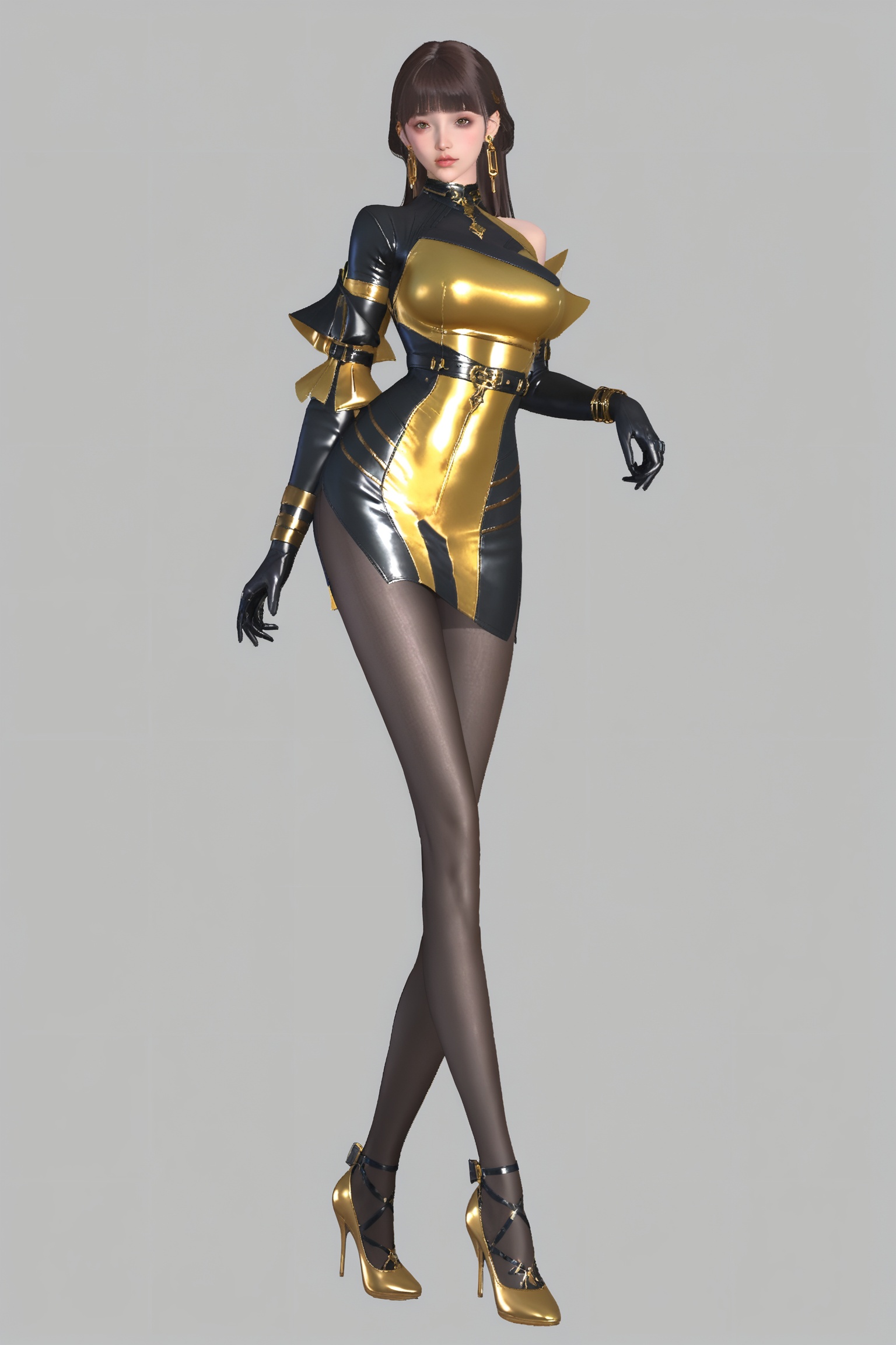 score_9,score_8_up,score_7_up,1girl,solo,gloves,high heels,full body,dress,brown hair,pantyhose,black gloves,elbow gloves,yellow dress,brown eyes,looking at viewer,breasts,bodysuit,earrings,blunt bangs,transparent background,<lora:bulianshiSH THV3:0.8>,