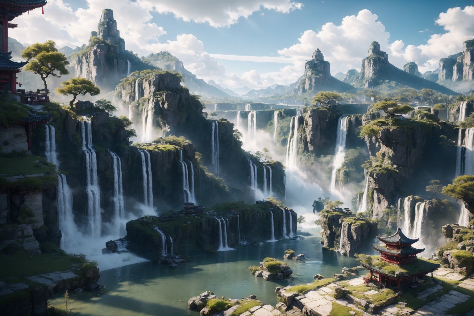 <lora:AgainGuofengStyle:1>,AgainGuofengStyle, scenery, waterfall, outdoors, tree, architecture, east asian architecture, cloud, water, sky, no humans, bridge, day, stairs, building, grass, blue sky, rock, cliff, sunlight, pagoda, river, mountain, fantasy, nature, landscape, plant, moss, cloudy sky