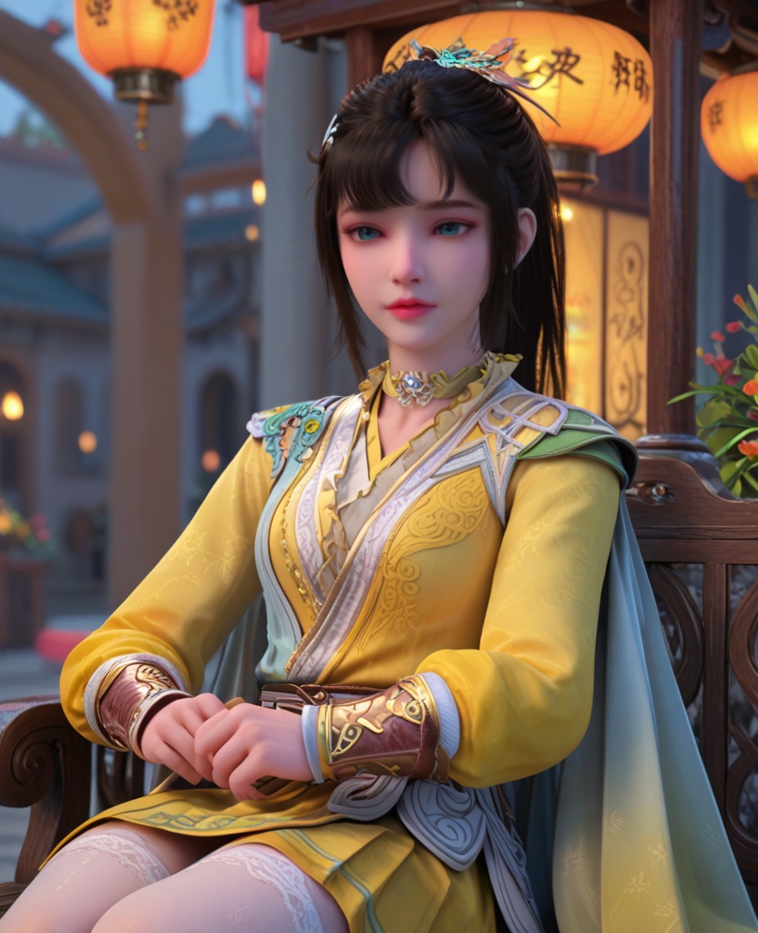 (oriental architecture, elegant decor, sophisticated style:1.1),(Sitting on a bench, arms resting on the backrest,:1.1),(breasts:1.2),<lora:XL少年歌行司空千落:0.95>,miss sikongqianluo,azure tunic outerwea with yellower top underneath,gradient colored overskirt with yellow pleated skirt underneath,white print thighhighs,black hair,hair ornament,heterochromia,choker,bangs,cape,belt,lips,leather wristband,, score_9,score_8_up,score_7_up,score_6_up,score_5_up,score_4_up,3d rendering,tag1,tag2, Cinematic Lighting,backlighting,