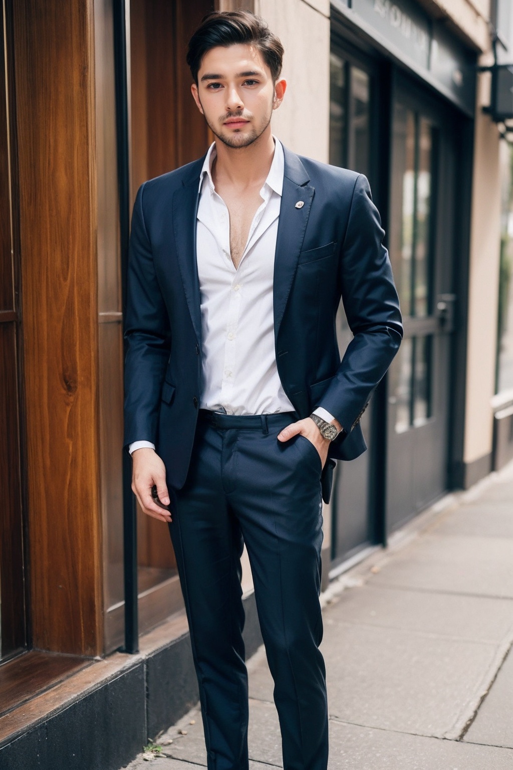 (1man:1.4),(male:1.2),(full body:1.2),(Collared shirt and blazer and suit trousers:1.4),<lora:Male_5:0.8>,