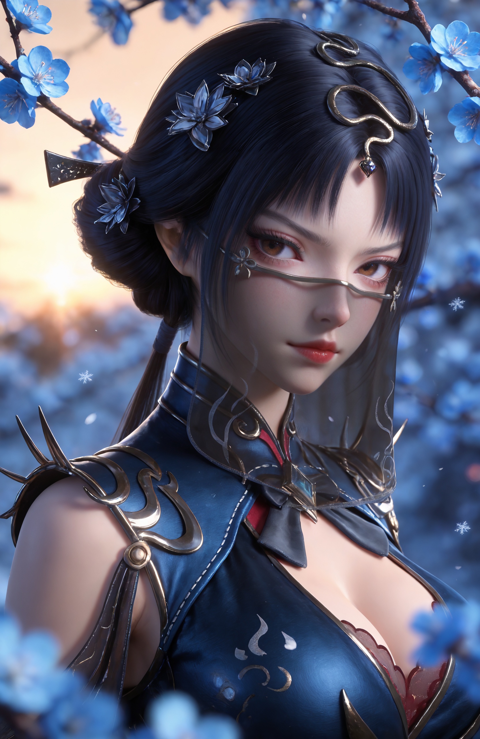<lora:玄界之门-金小钗IL-v1:0.7> 1girl, black hair, hair ornament, hair bun, red lips,mouth veil, brown eyes, chinese clothes, blue dress, cleavage cutout, cleavage, Huge breasts, elbow gloves,black thighhighs,, realistic style photo,outstanding style,Use soft lighting to cast gentle shadows on the subject,adding a touch of dimension to your images without compromising details,whirls of vapor,(Anime:1.1),soft neon light,ethereal ambiance,delicate details,magical atmosphere,concept art,highly detailed,ultra-high resolution,32K UHD,sharp focus,best-quality,masterpiece,golden hour,unconventional supreme masterpiece,masterful details,temperate atmosphere,with a high-end texture,in the style of fashion photography,magazine style,Dynamic Angle,Dynamic posture,magazine style,Dynamic Angle,Dynamic posture,(cowboy_shot:1.2),eye trail,depth of field,cinematic lighting,lens flare,close-up,extreme aesthetic,(wlop:0.6),(honjou raita,lack,rella,wanke:0.5),masterpiece,best quality,good quality,newest,year 2025,very aesthetic,absurdres,Visual impact,A shot with tension,ultra-high resolution,32K UHD,sharp focus,best-quality,masterpiece,Emotionalization,unconventional supreme masterpiece,masterful details,temperate atmosphere,with a high-end texture,in the style of fashion photography,(Visual impact:1.2),giving the poster a dynamic and visually striking appearance,, solo,  upper body, blue flower, looking at viewer, snowflakes, closed mouth, branch,