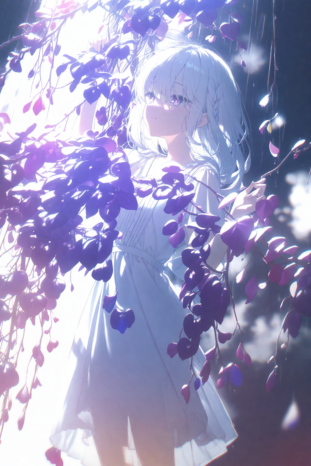 (masterpiece),(best quality),illustration,ultra detailed,hdr,Depth of field,(colorful),loli,white background,Dundar effect,a lot of purple vines,vines covering half of the painting,delicate plant details,a girl,girl,petite girl,long white hair,golden pupils,white dress,bare feet,side,side,upper body,head up,sad eyes,rain,light,figure light,petals,purple filter,left,fog,dream,unreal,Blur,float light,