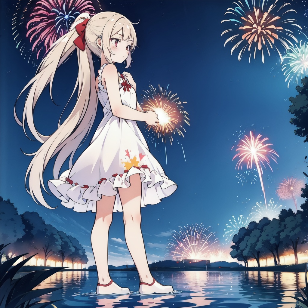In a lake side,  frilled white one-piece dress,  a ash blonde hair on Tensor.Art