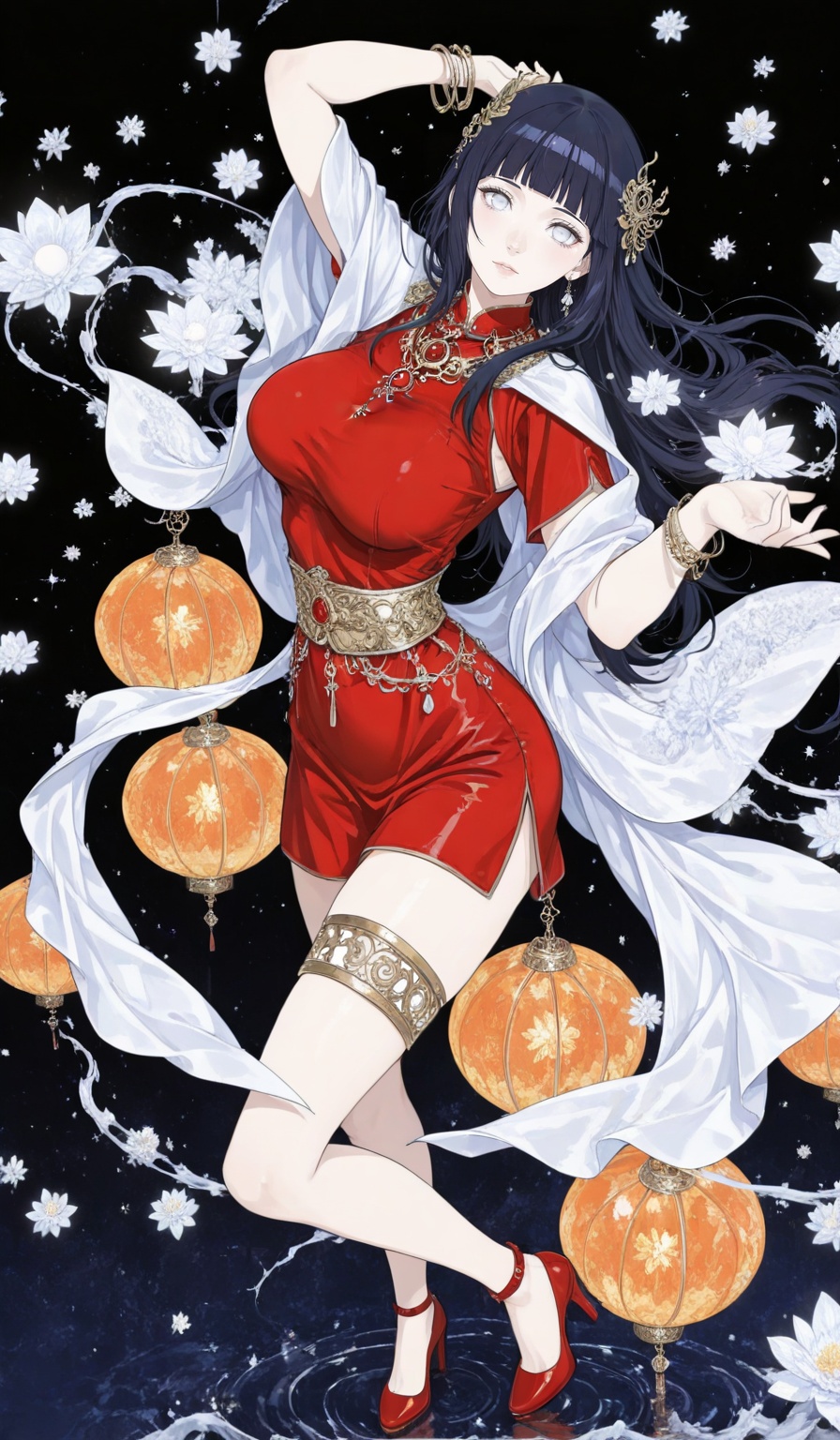 hyuuga hinata Naruto,1girl,hyuuga hinata,solo,long hair,blunt bangs,black hair,(white eyes:1.3),large breasts,no_pupils,1girl,solo,dress,red dress,jewelry,full body,high heels,white background,cape,simple background,necklace,standing,bracelet,hair ornament,looking at viewer,depth of field,masterpiece,best quality,very aesthetic,alternate costume,alternate costume,2024,2023,perfect composition,ultra-detailed,extreme aesthetic,masterpiece,best quality,good quality,newest,year 2024,year 2023,very aesthetic,absurdres,looking_at_viewer,colorful,<lora:色彩滤镜:0.81>,lvjing,black_background,