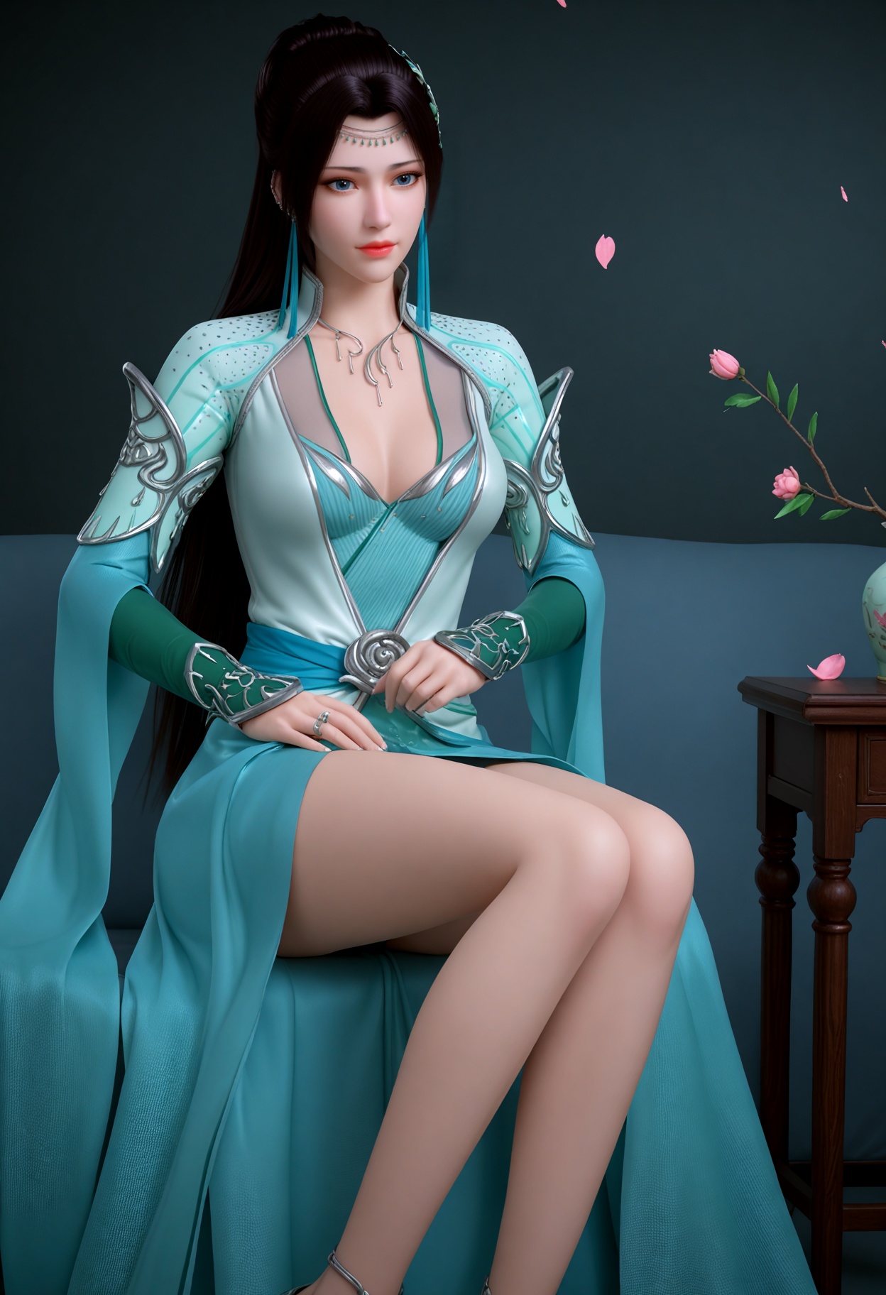 (upper_body:1.2),(looking_at_viewer:1.1),(masterpiece:1.1),(best quality:1.2),(intricate details),(smog:1.3),(Dark room:1.3),(dim lighting:1.3),peach blossom,falling petals,<lora:YQ_Illustrious光辉v5_云韵绿衣_V1:0.8>,q1528437228,1girl,solo,long_hair,earrings,black_hair,hair_ornament,dress,blue_eyes,necklace,green_dress,ponytail,hair_bun,realistic,legs,masterpiece,(best quality),(intricate details:0.9) BREAK (intricate details:0.9),(realistic skin:1.2),masterpiece,best quality,newest,absurdres,hiahres,